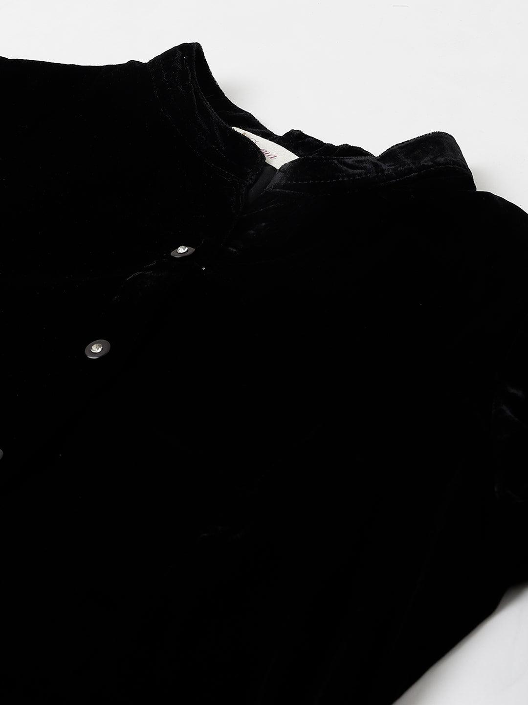   Black Solid Velvet A-line Shirts Style Top