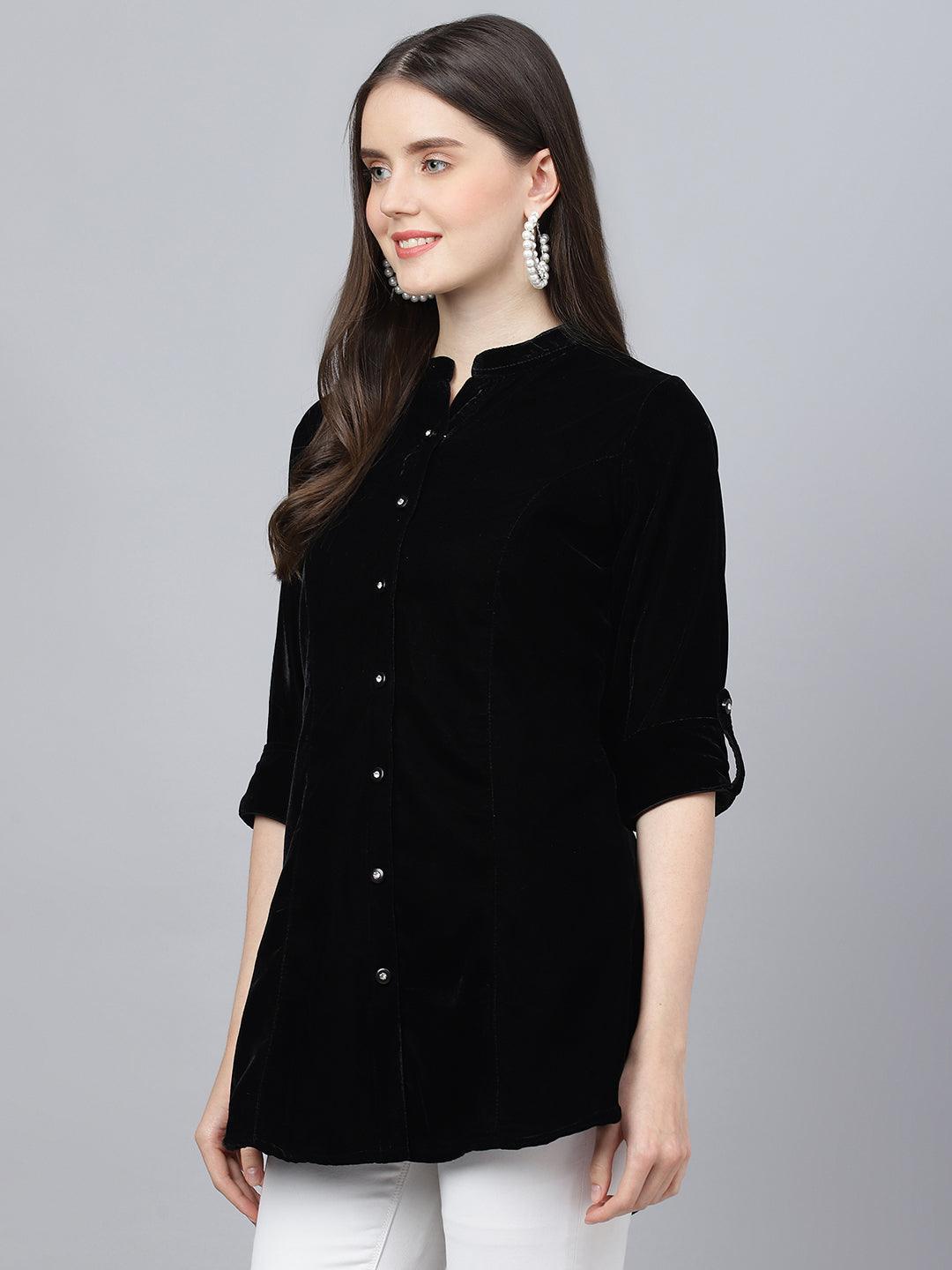   Black Solid Velvet A-line Shirts Style Top
