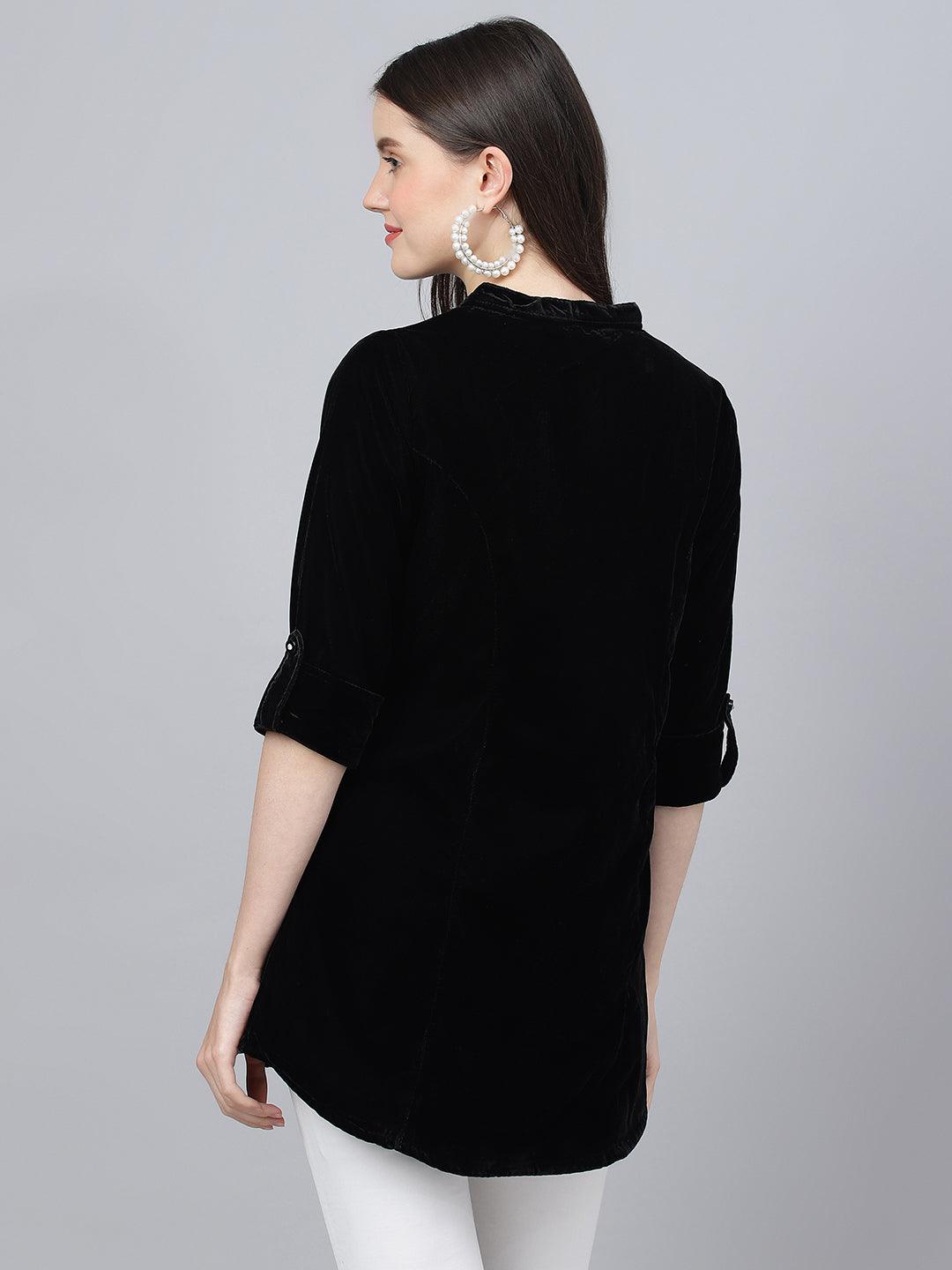   Black Solid Velvet A-line Shirts Style Top