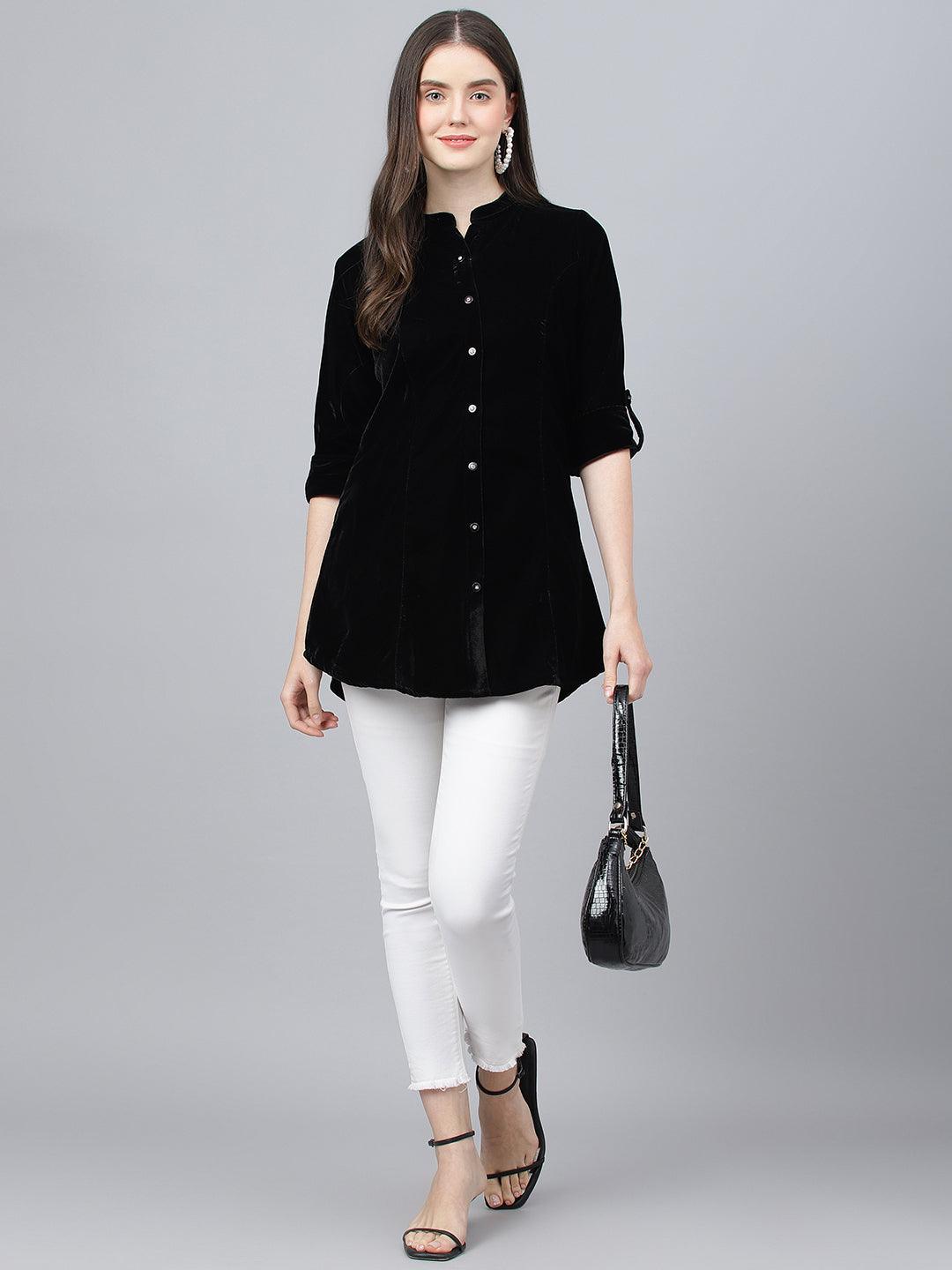   Black Solid Velvet A-line Shirts Style Top