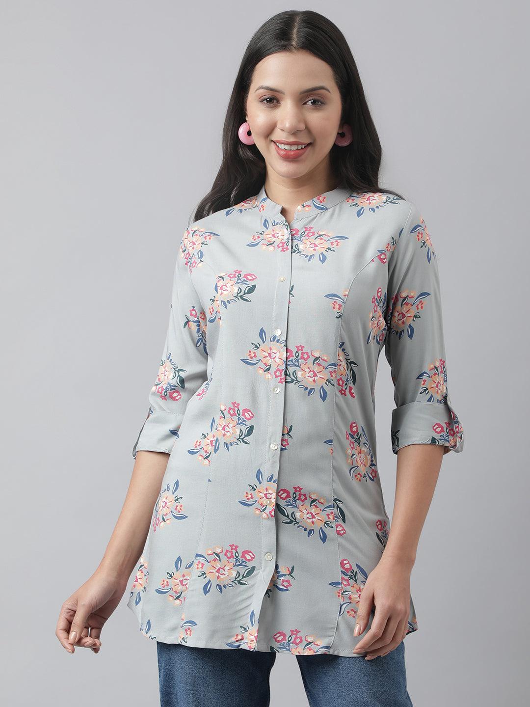  Grey Floral Printed Rayon A-line Shirt Style Top 