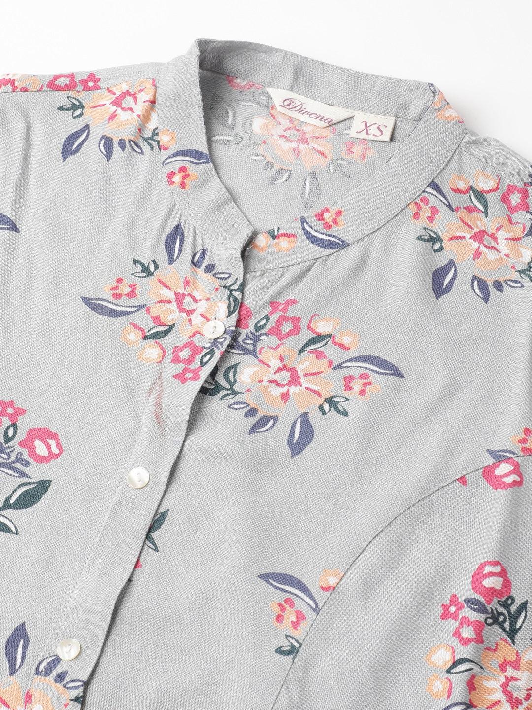  Grey Floral Printed Rayon A-line Shirt Style Top 
