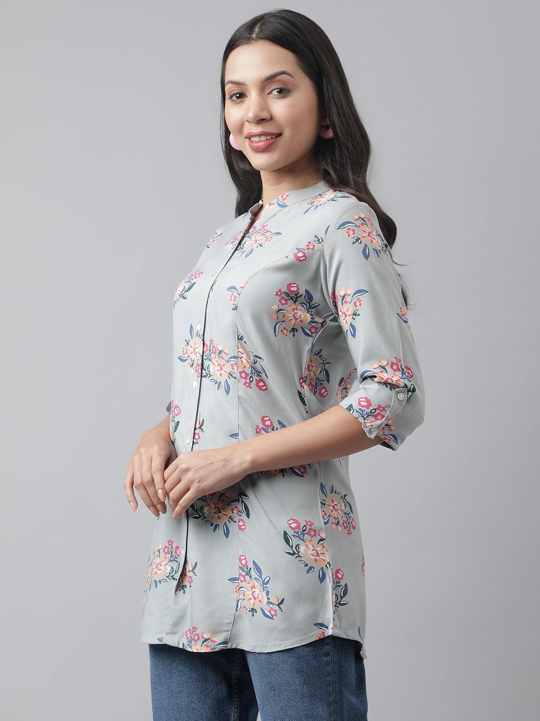  Grey Floral Printed Rayon A-line Shirt Style Top 