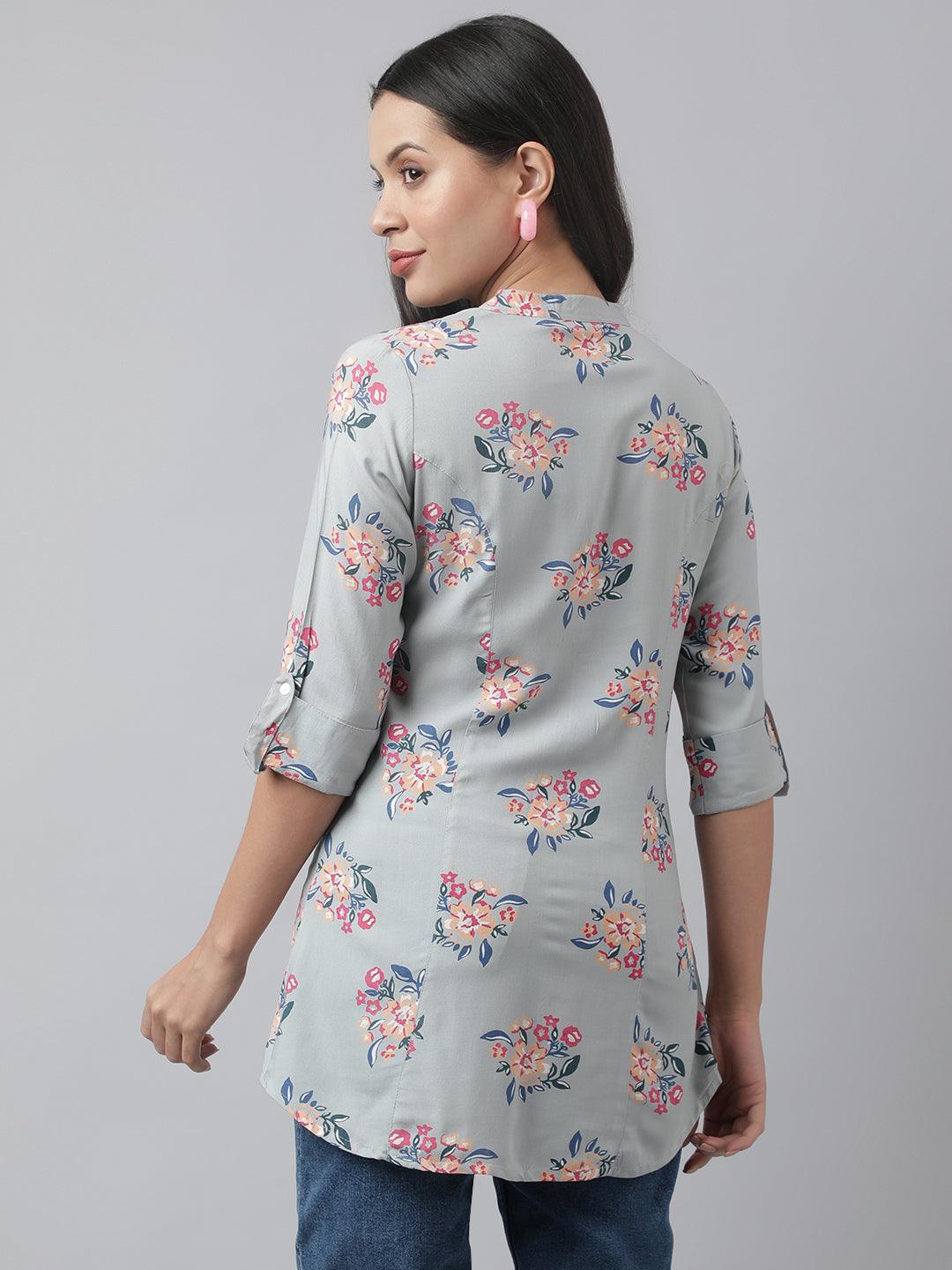  Grey Floral Printed Rayon A-line Shirt Style Top 
