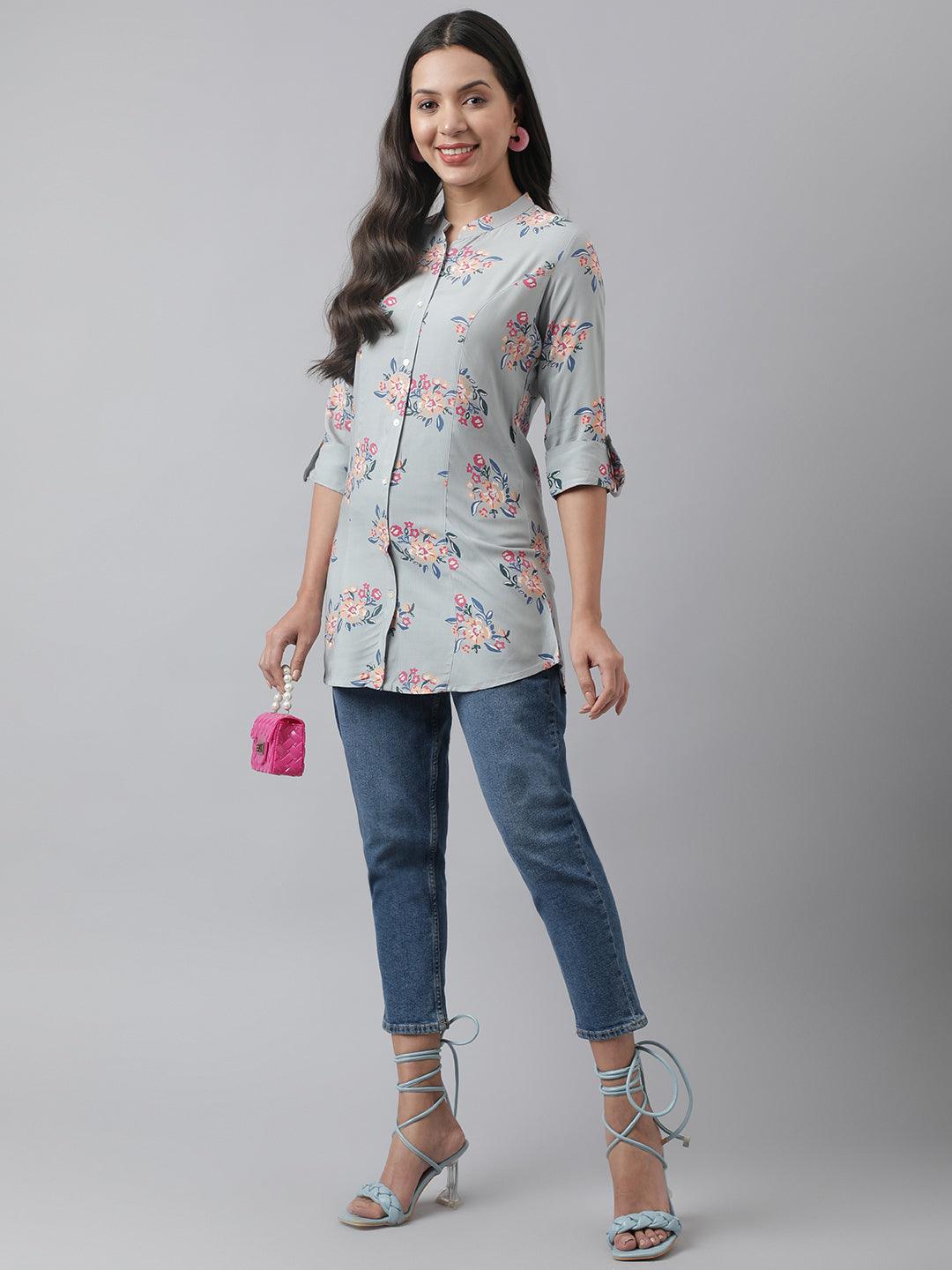  Grey Floral Printed Rayon A-line Shirt Style Top 