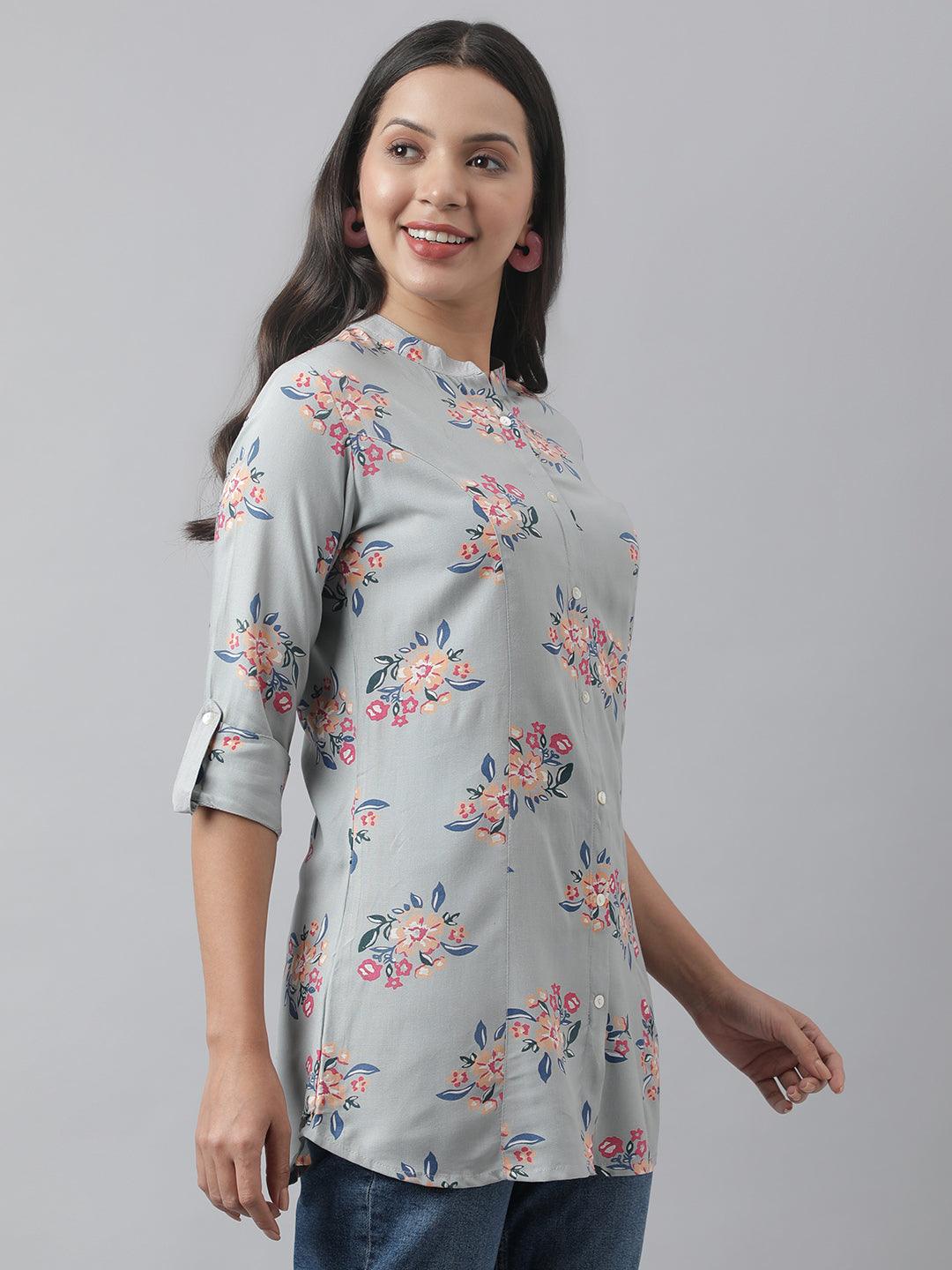  Grey Floral Printed Rayon A-line Shirt Style Top 
