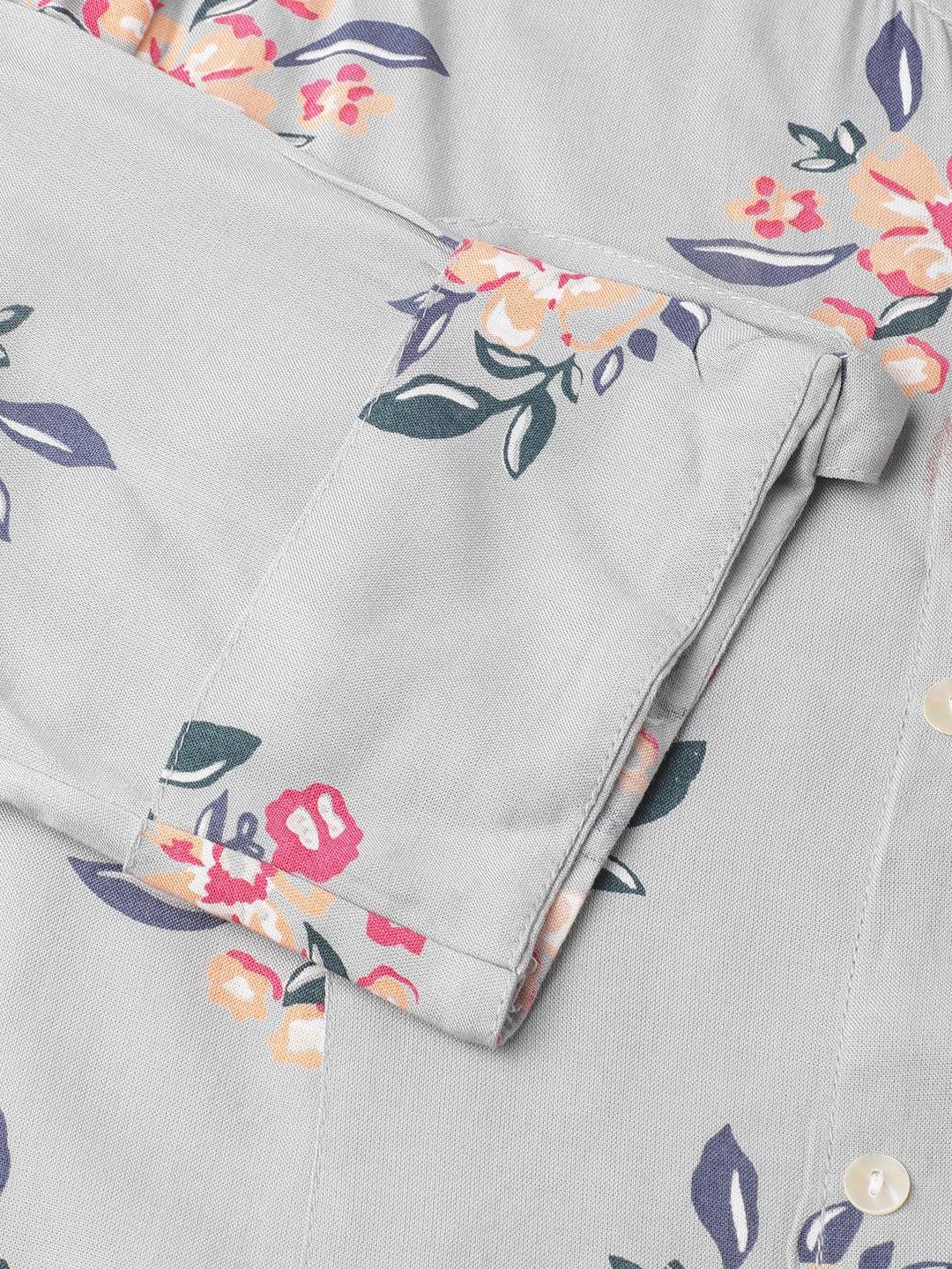  Grey Floral Printed Rayon A-line Shirt Style Top 