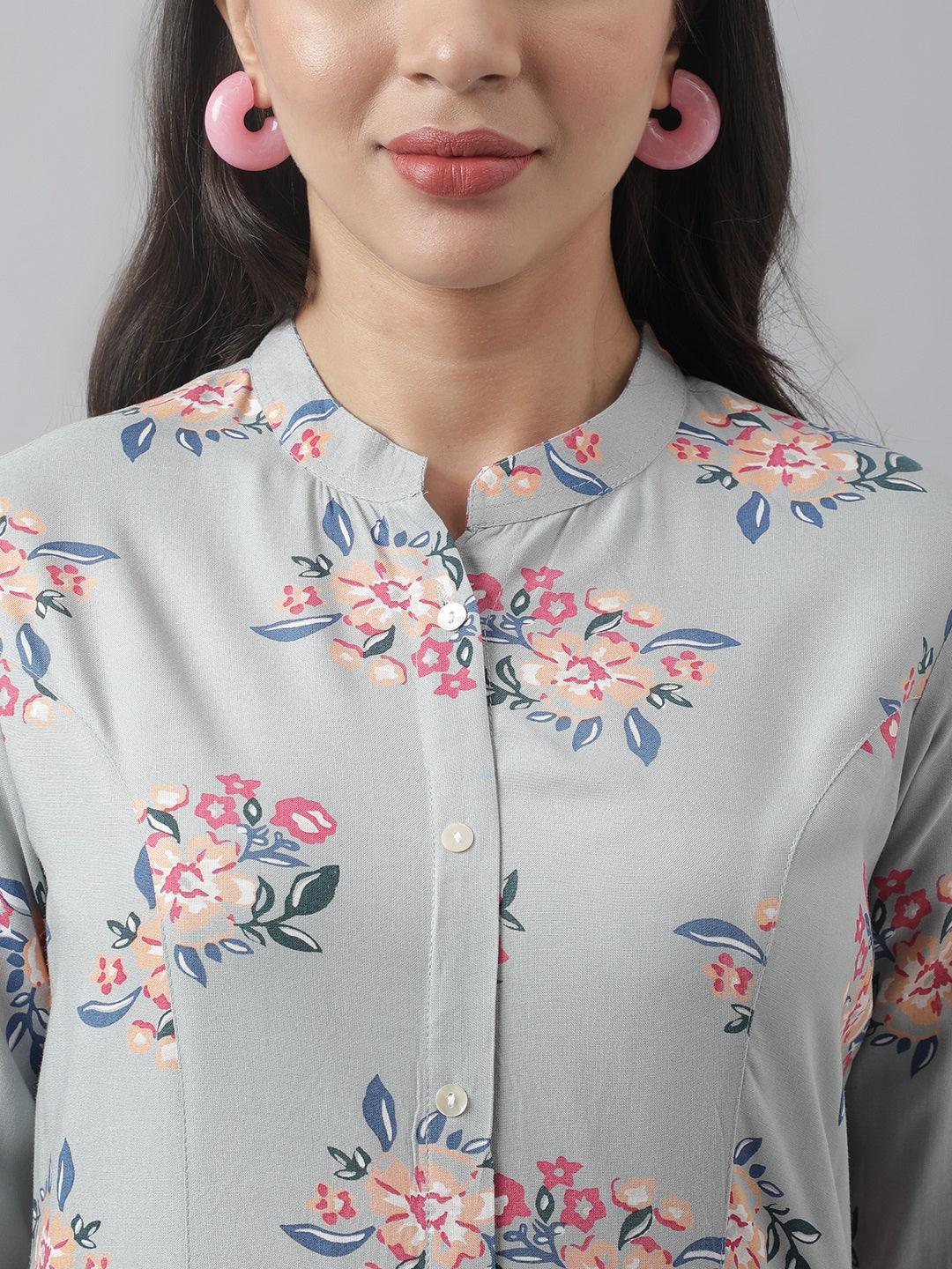  Grey Floral Printed Rayon A-line Shirt Style Top 