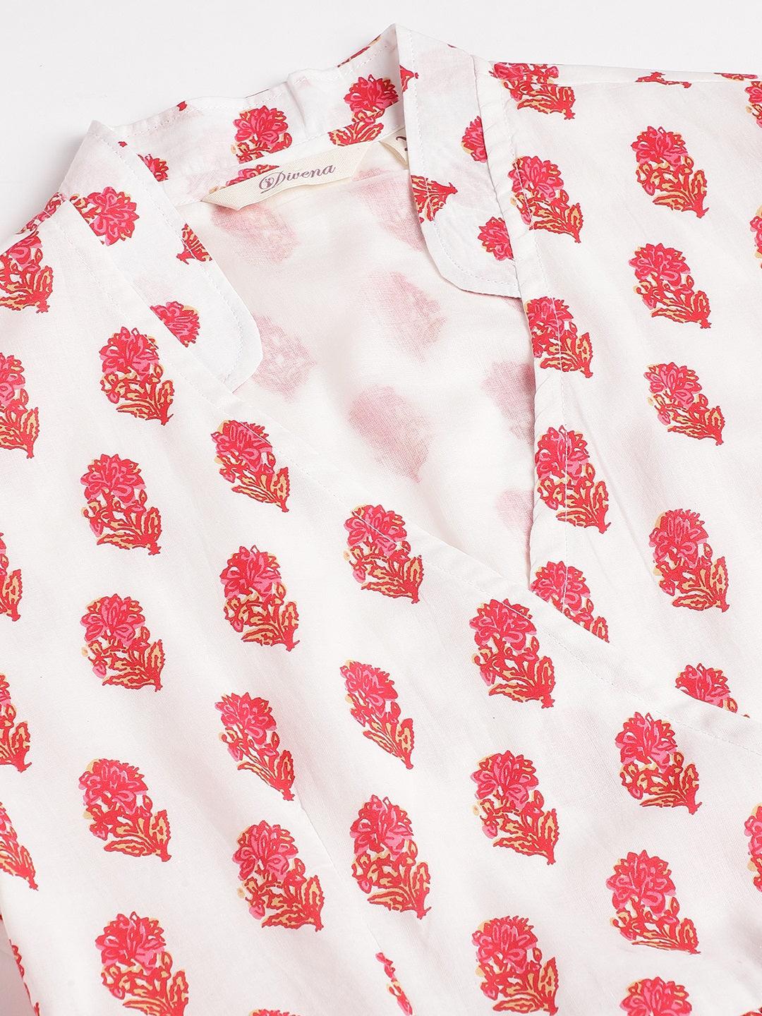  White and Red Floral Printed Angarakha Kurta 
