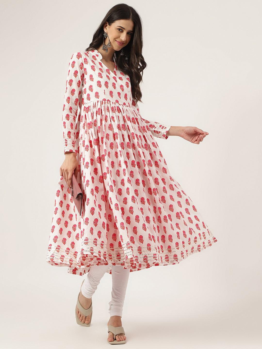  White and Red Floral Printed Angarakha Kurta 
