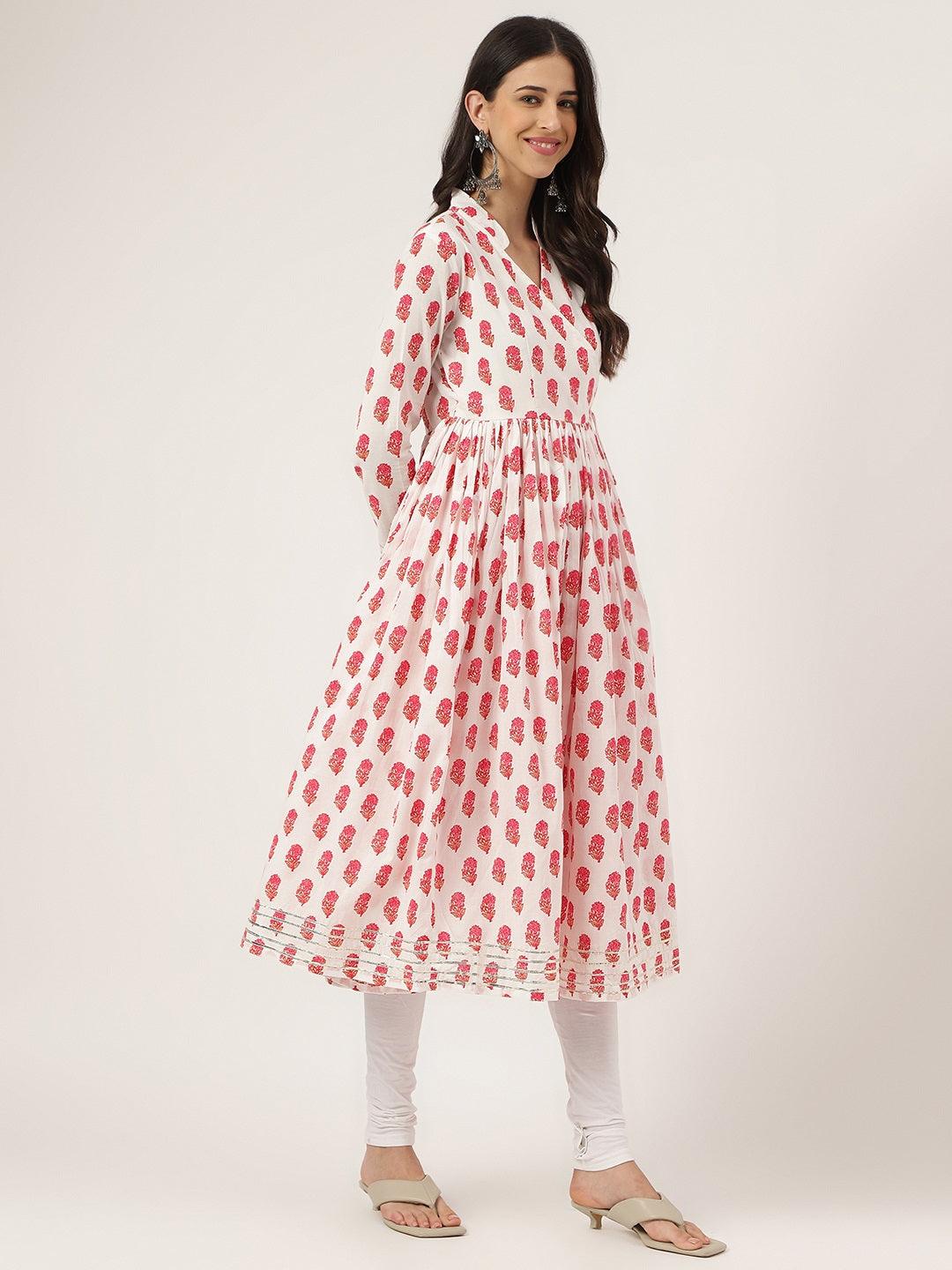  White and Red Floral Printed Angarakha Kurta 