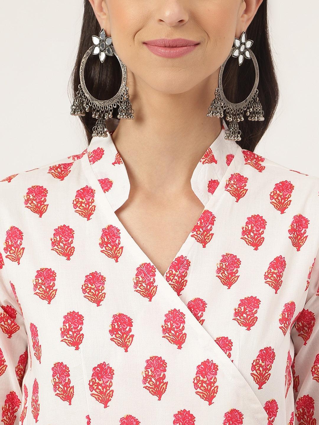  White and Red Floral Printed Angarakha Kurta 