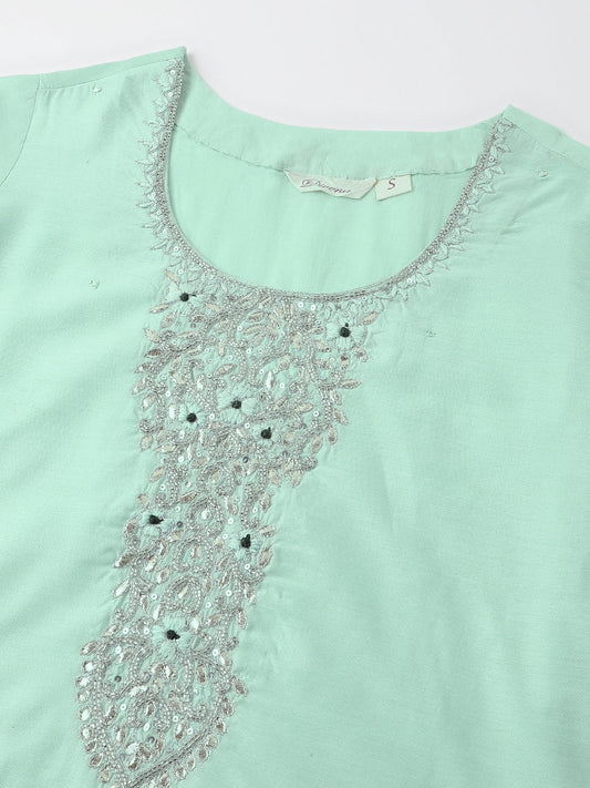  Sea Green Embroidered Chanderi Kurta With Dupatta