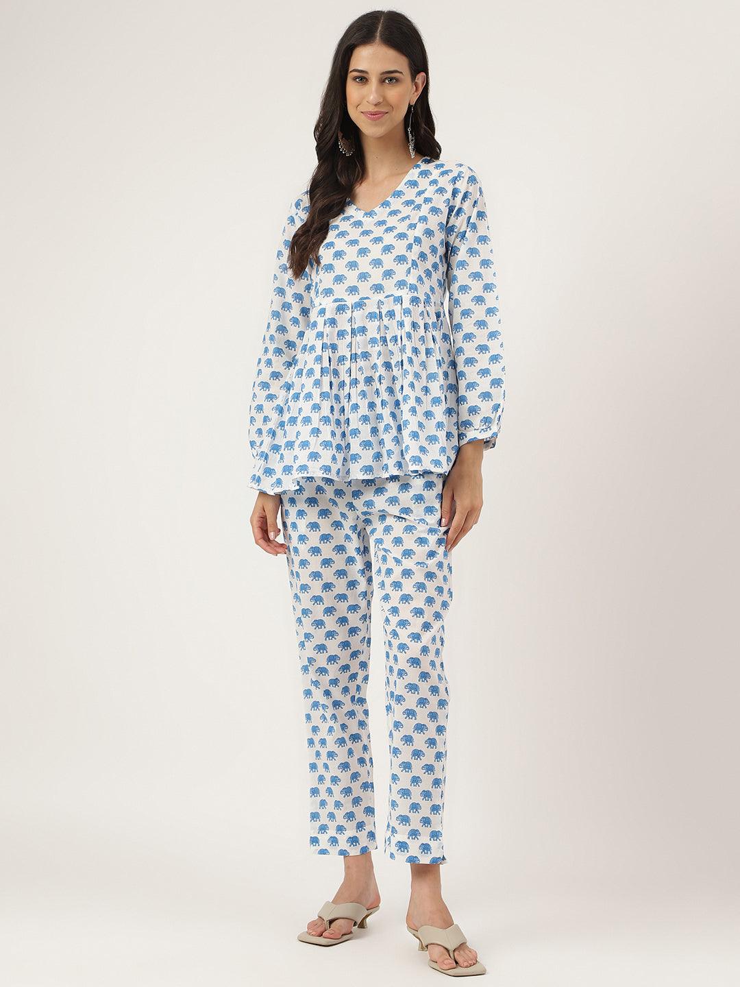  White Animal Printed Cotton Peplum Top Pant Co-ords Sets 