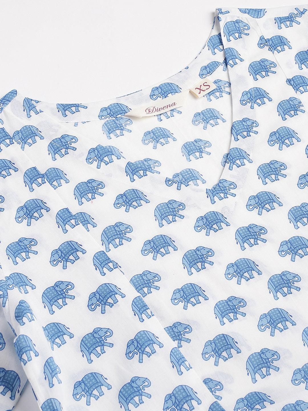  White Animal Printed Cotton Peplum Top Pant Co-ords Sets 