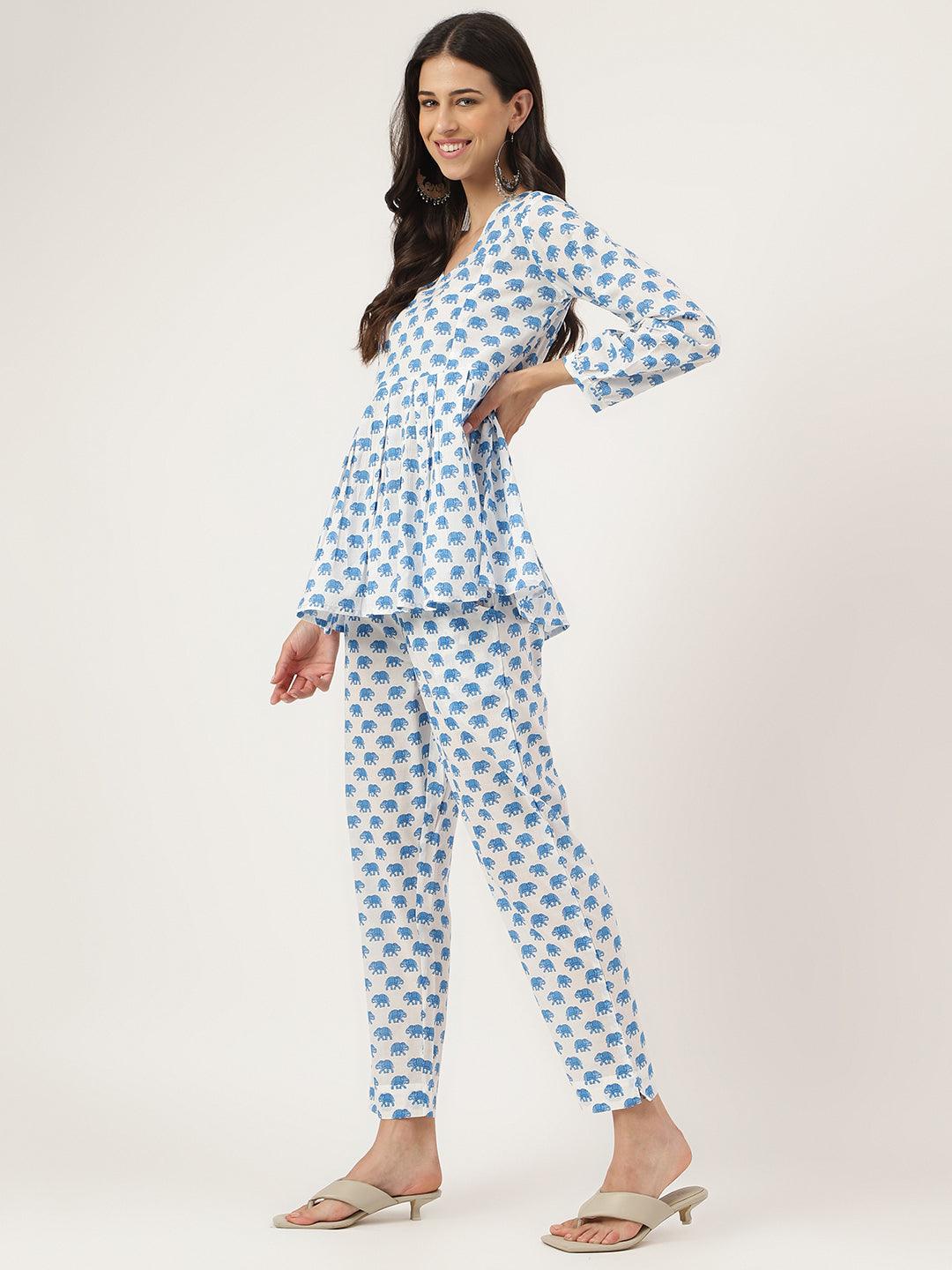 White Animal Printed Cotton Peplum Top Pant Co-ords Sets 