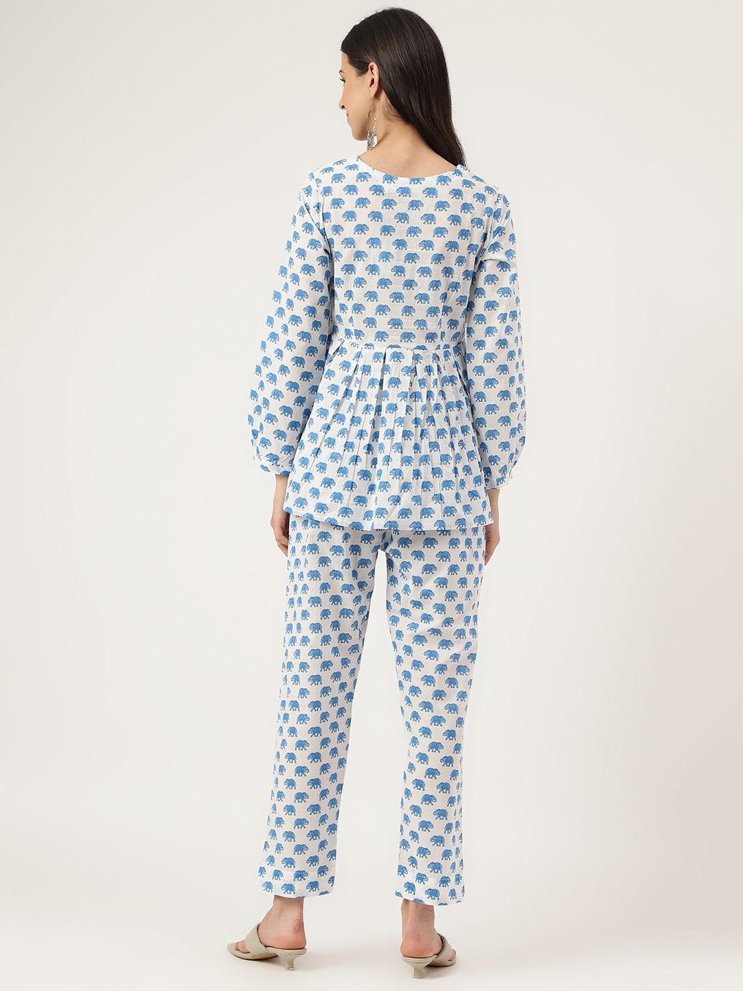  White Animal Printed Cotton Peplum Top Pant Co-ords Sets 
