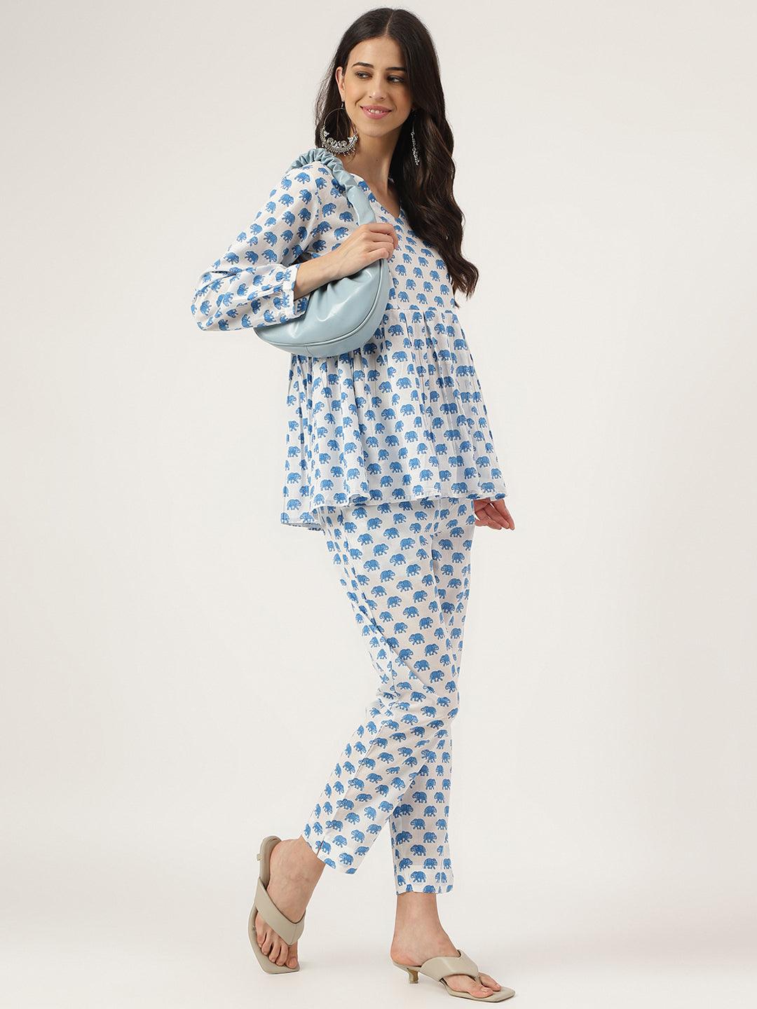  White Animal Printed Cotton Peplum Top Pant Co-ords Sets 