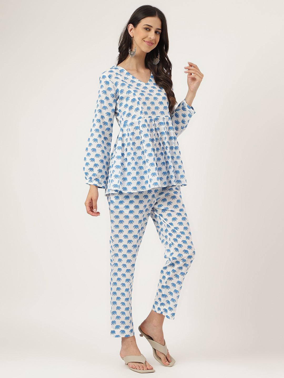  White Animal Printed Cotton Peplum Top Pant Co-ords Sets 