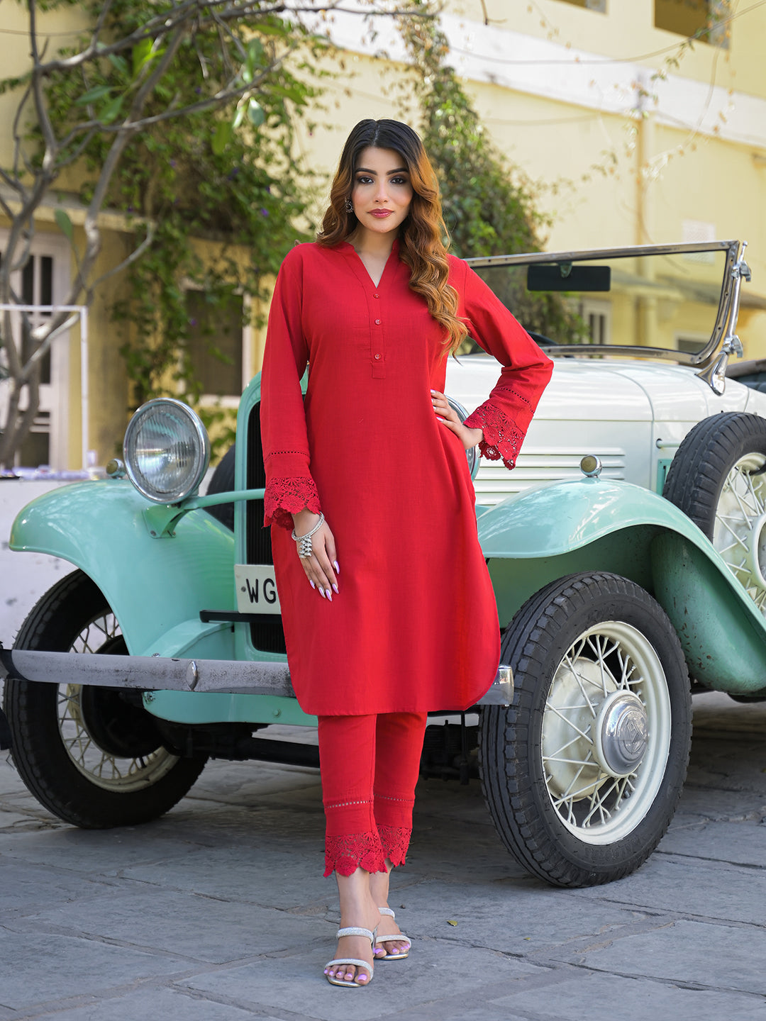 Red Solid Print Cotton Fabric  Shirt Kurta with Trouser