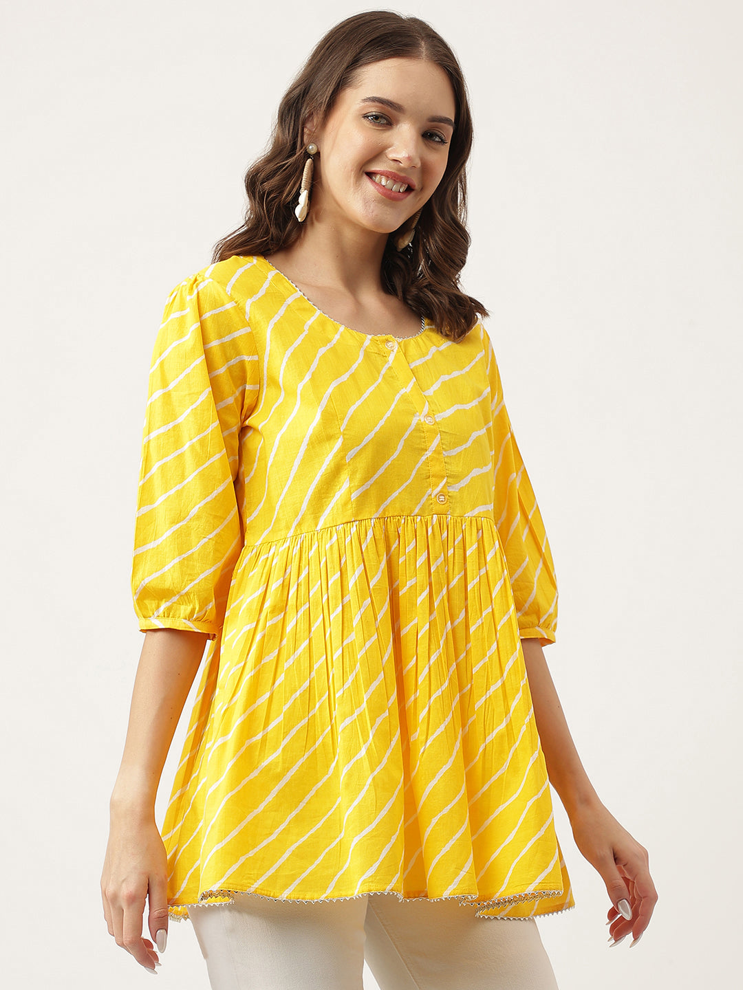 Stripe Printed Yellow Regular Cotton Top