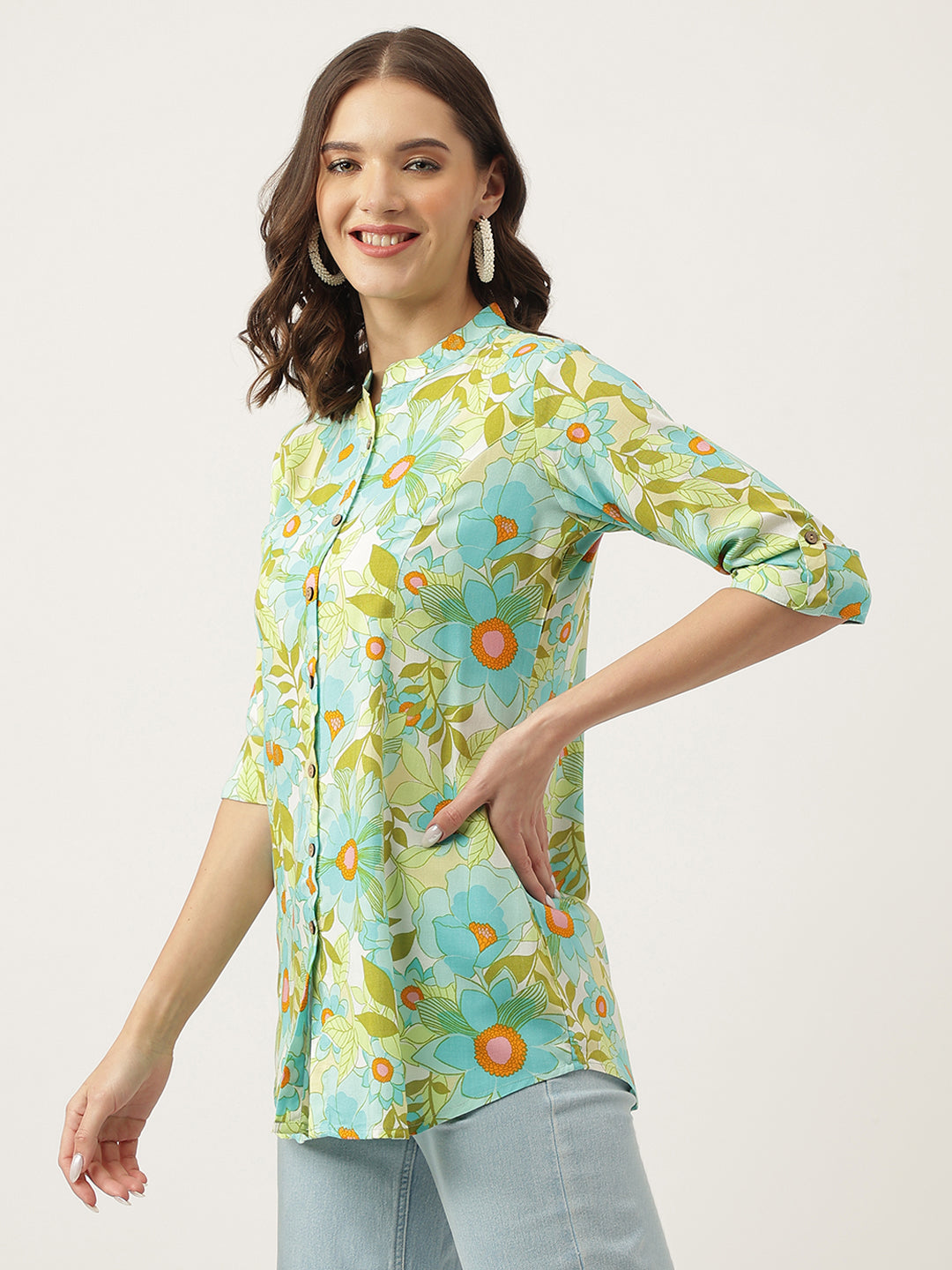 Green Floral Printed Rayon Shirt Style Top