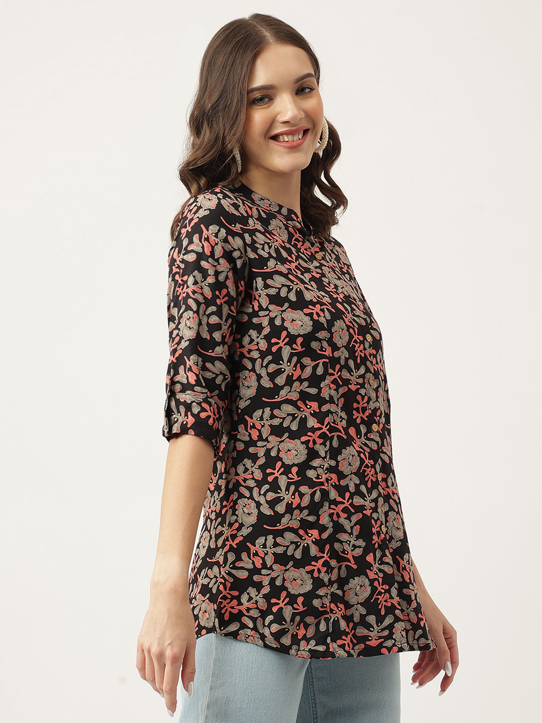 Black Floral Printed Rayon Shirt Style Top