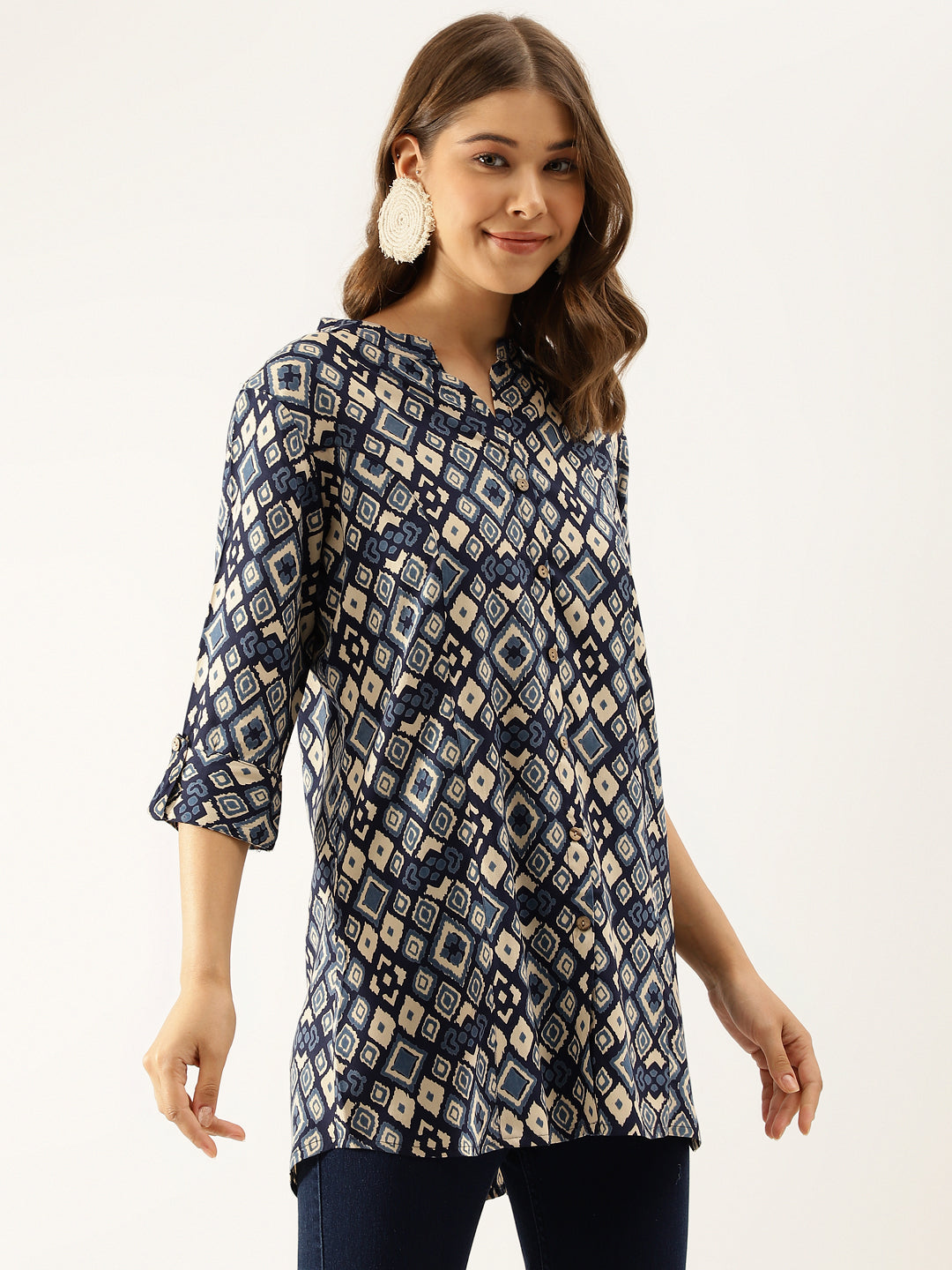 Navy Blue Printed Rayon Regular Fit Top