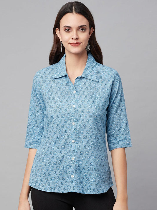  Sky Blue Block Printed Casual Women Shirts 