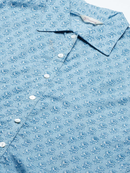  Sky Blue Block Printed Casual Women Shirts 