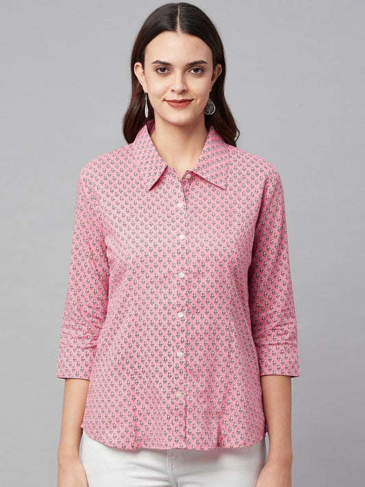  Baby Pink Block Printed Casual Women Shirts 