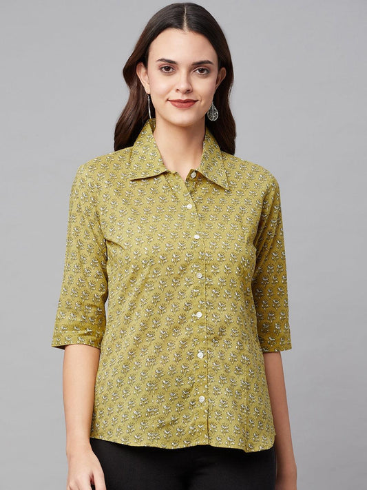  Mehndi Green Block Printed Casual Women Shirts 