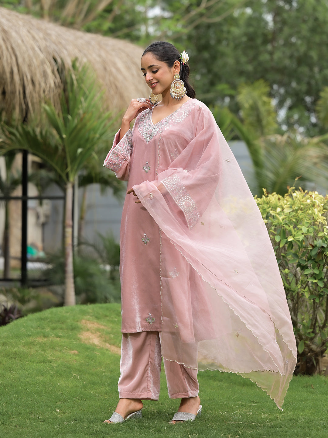 Pink Embroidered Velvet Kurta Pant Dupatta Set