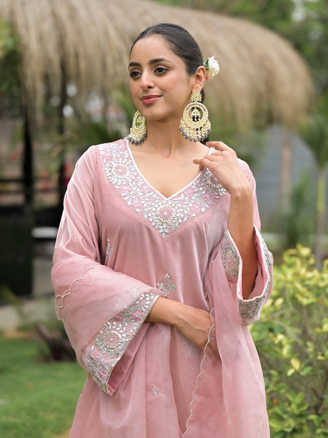 Pink Embroidered Velvet Kurta Pant Dupatta Set