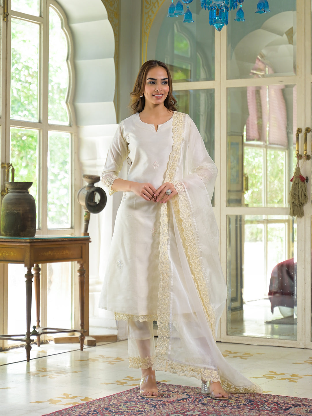 Cream Chanderi Kurta Pant With Dupatta