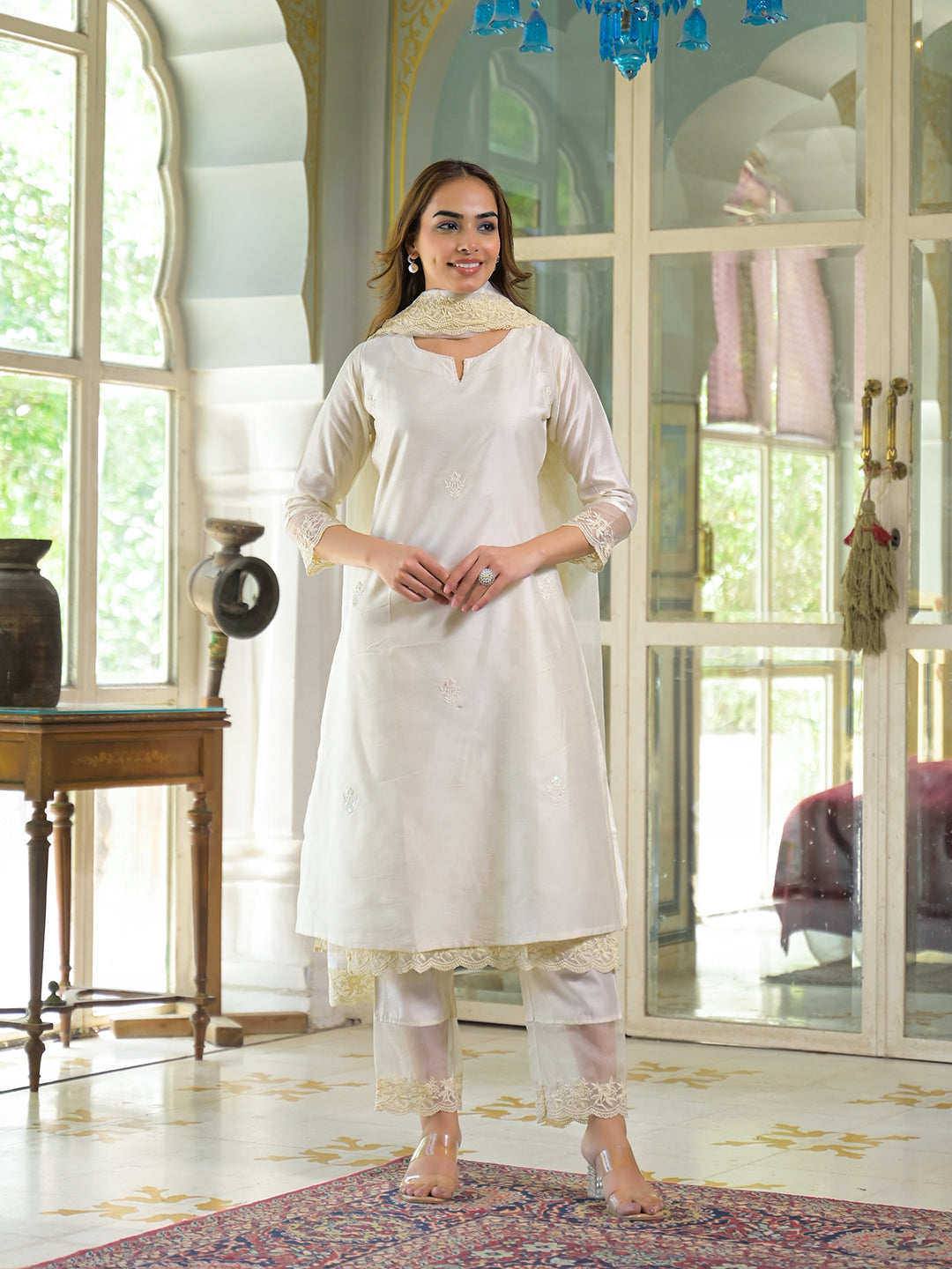 Cream Chanderi Kurta Pant With Dupatta