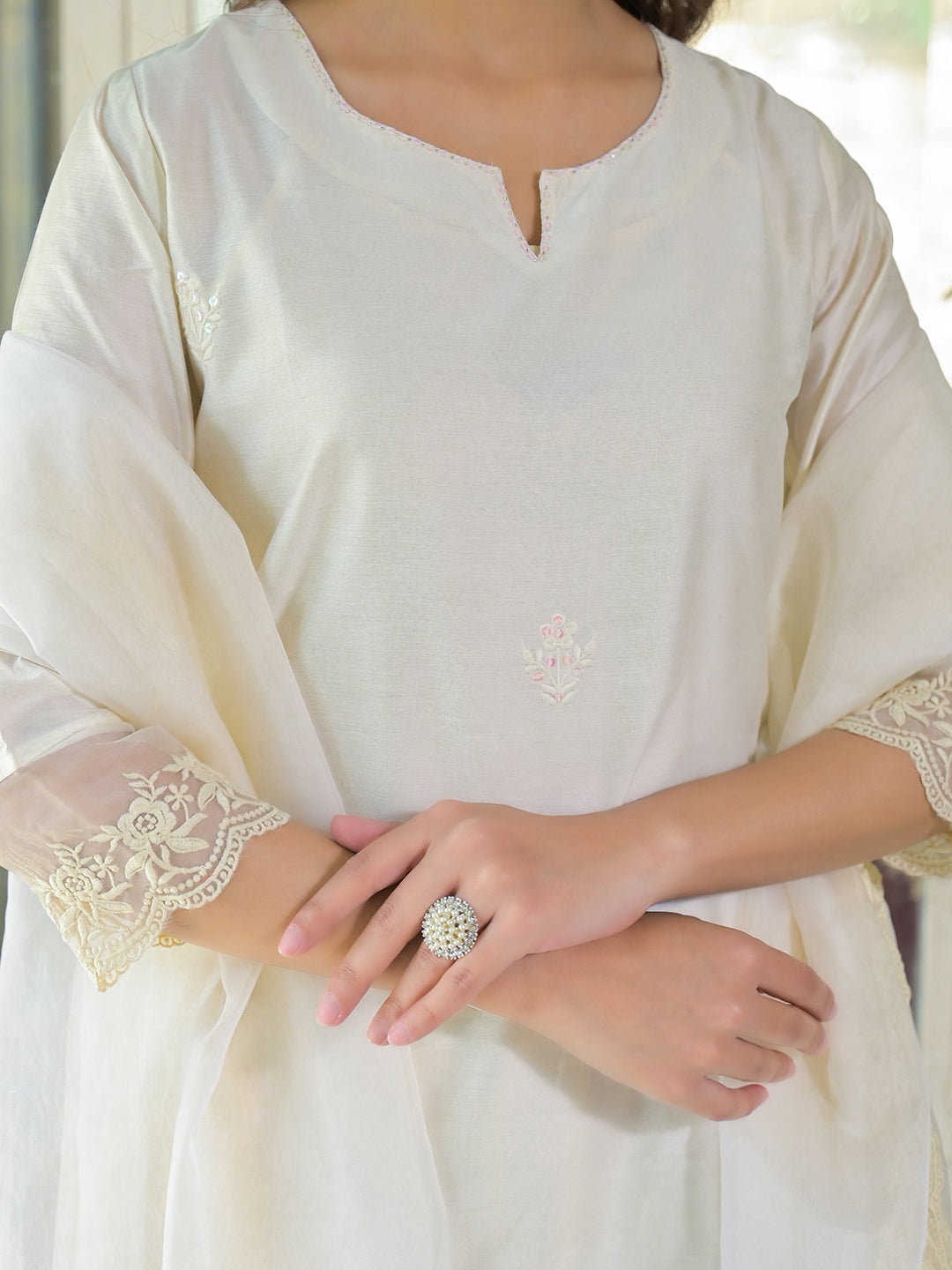 Cream Chanderi Kurta Pant With Dupatta