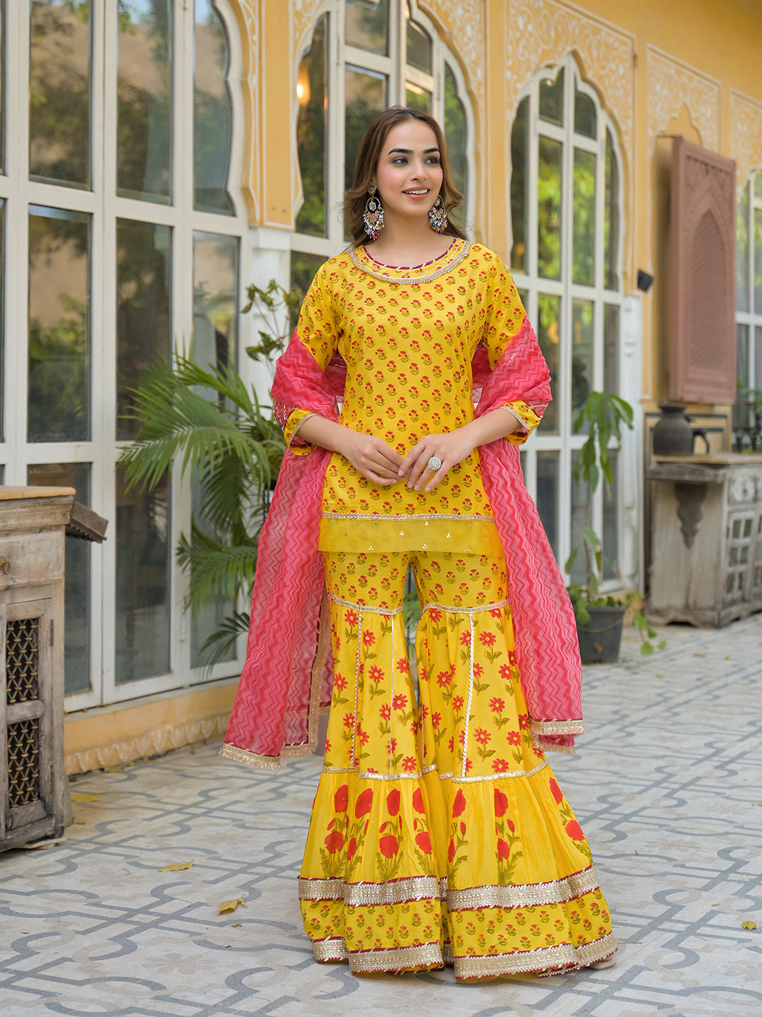 Yellow Muslin Kurti Sharara with Dupatta
