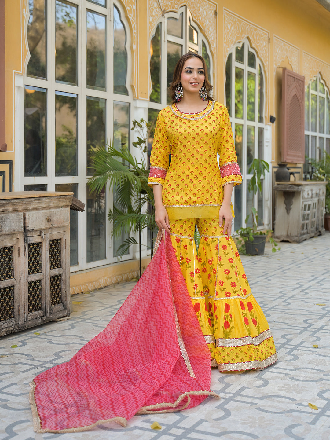 Yellow Muslin Kurti Sharara with Dupatta