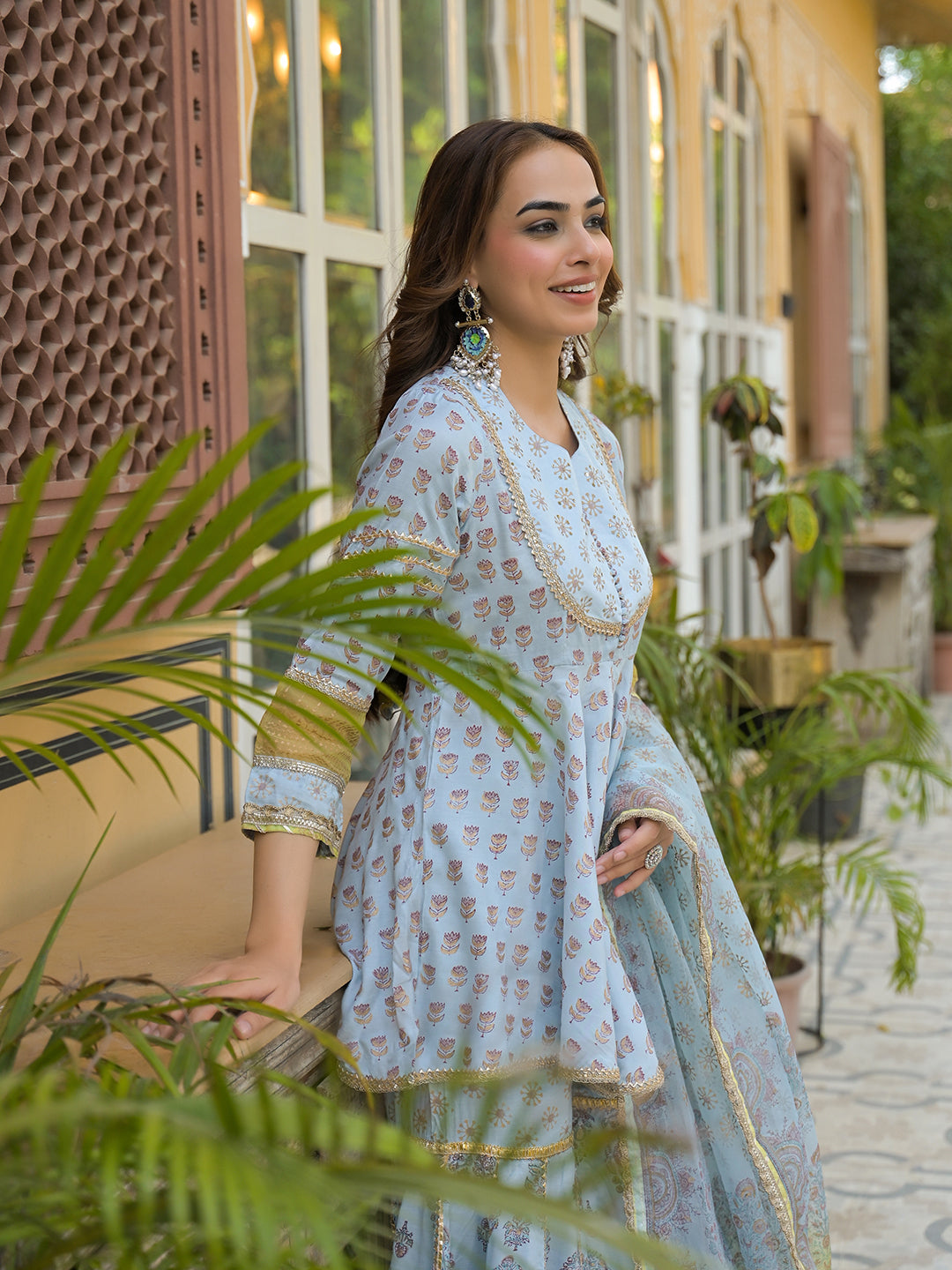 Sky Blue Muslin Kurti Sharara with Dupatta