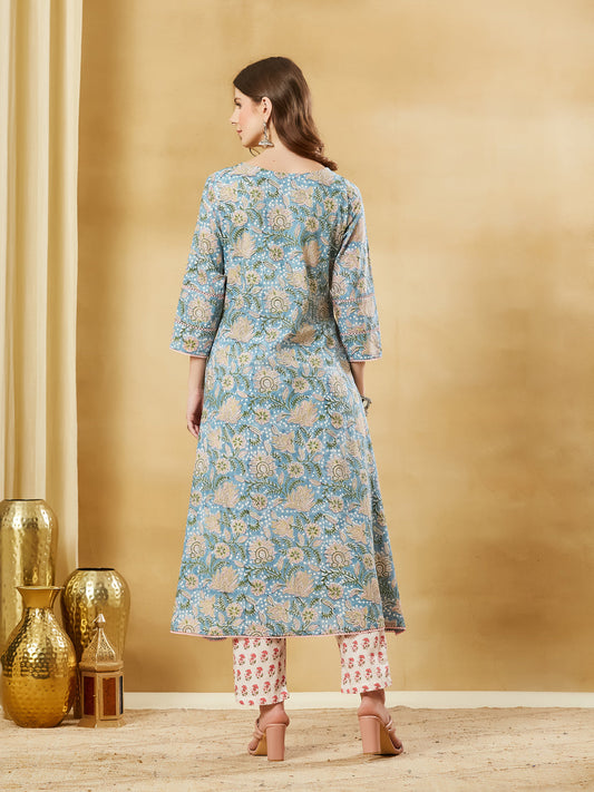 Sky Blue Cotton A-line Kurta Pant Set