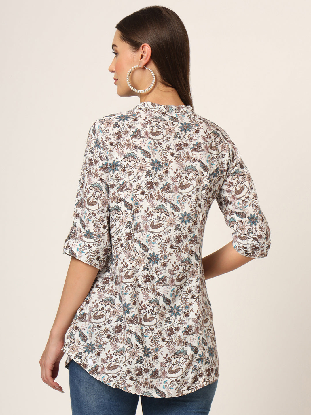 White & Brown Printed Rayon Fabric Shirt Style Top