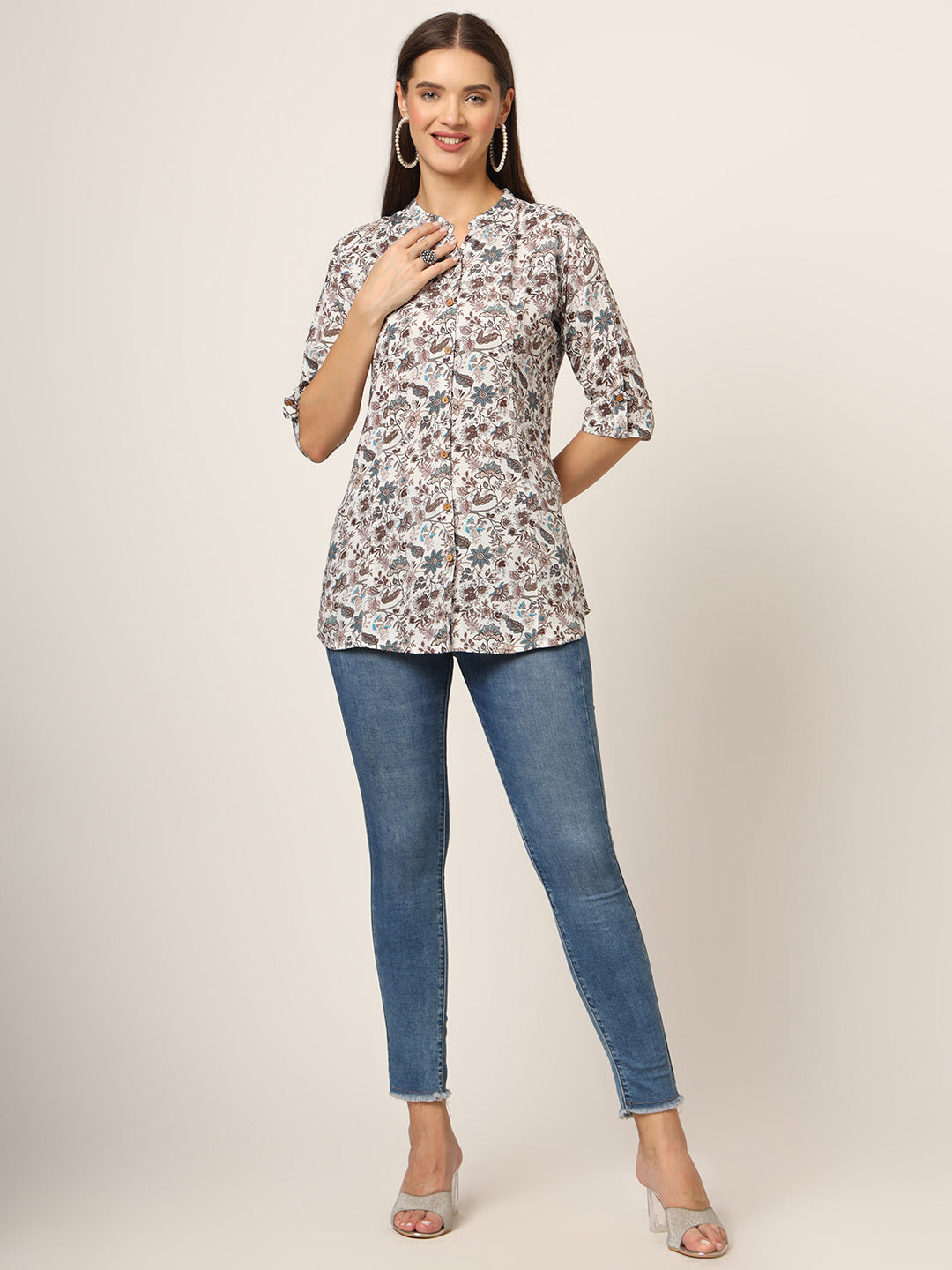 White & Brown Printed Rayon Fabric Shirt Style Top