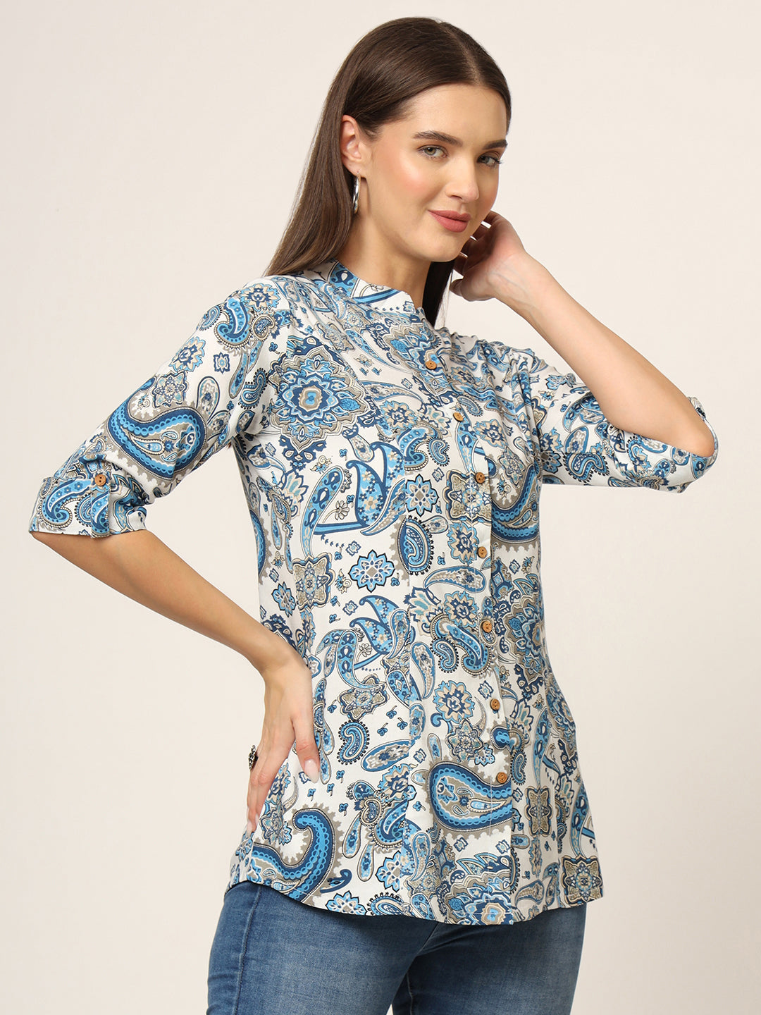 White & Blue Printed Rayon Fabric Shirt Style Top