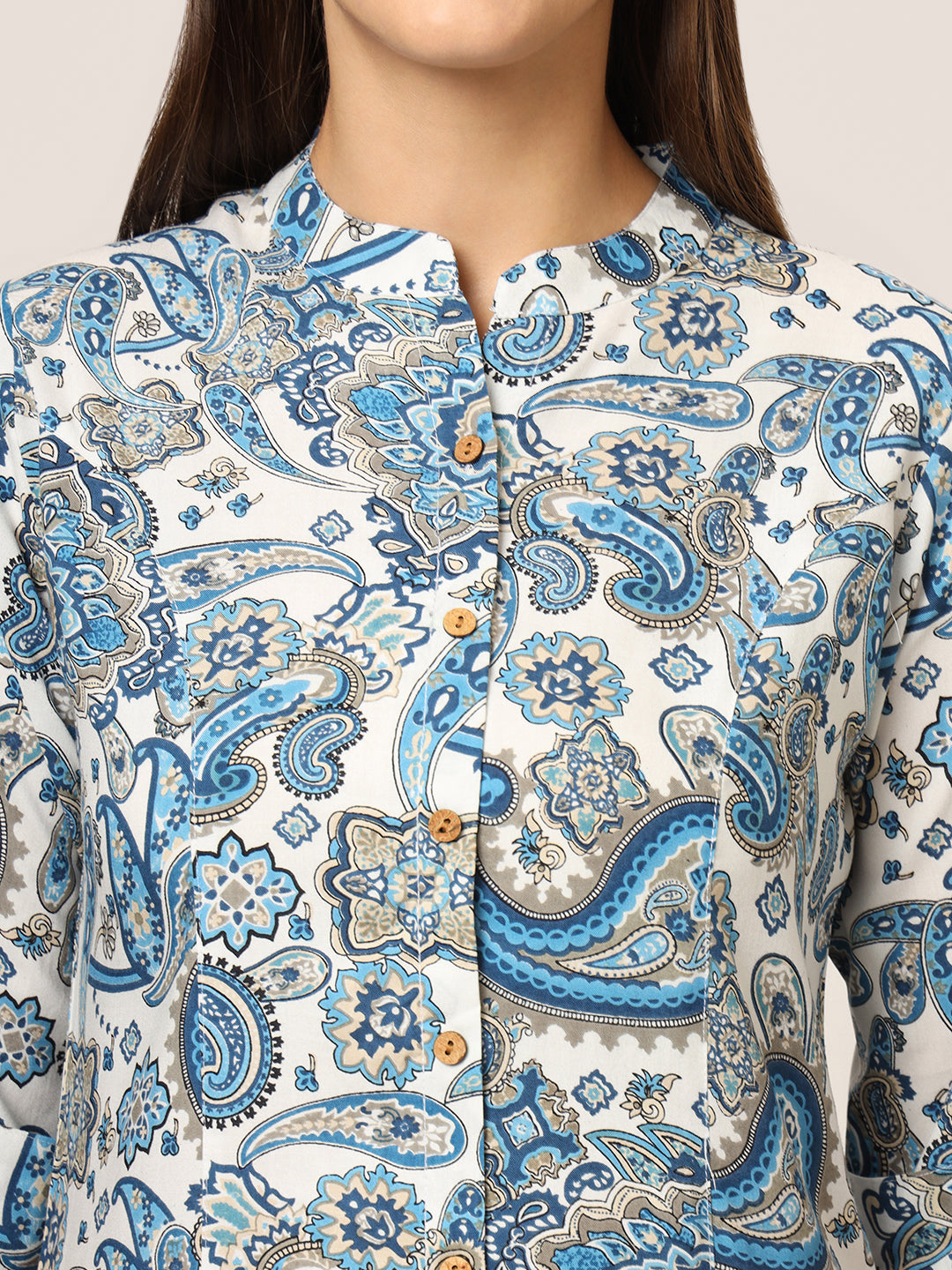 White & Blue Printed Rayon Fabric Shirt Style Top
