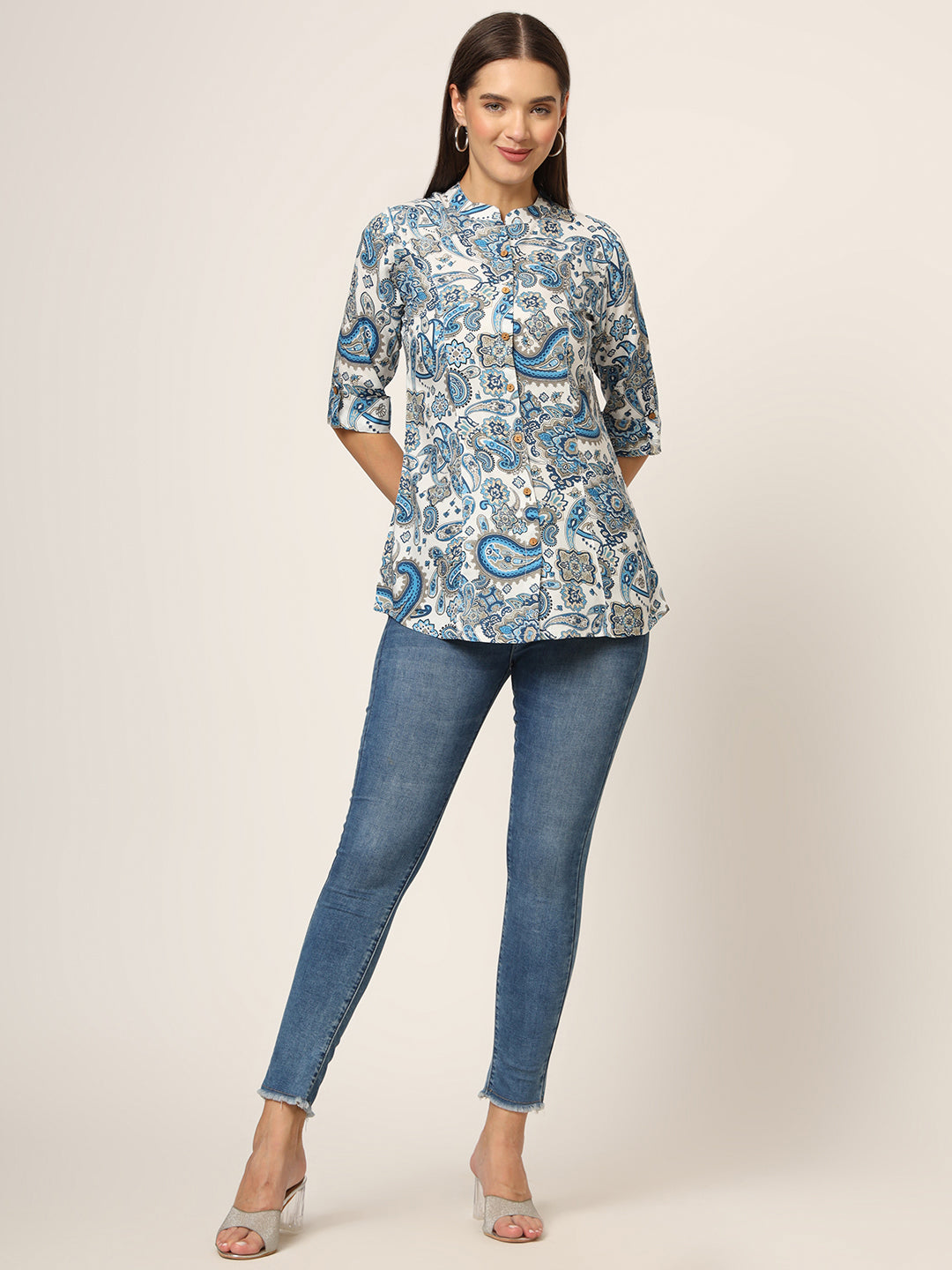 White & Blue Printed Rayon Fabric Shirt Style Top