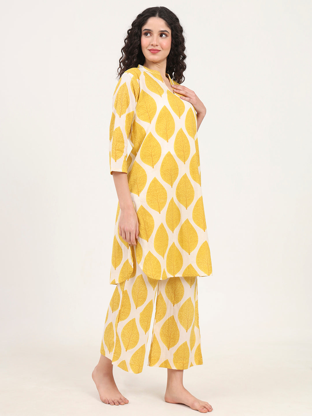 Yellow Printed Cotton Night Suit