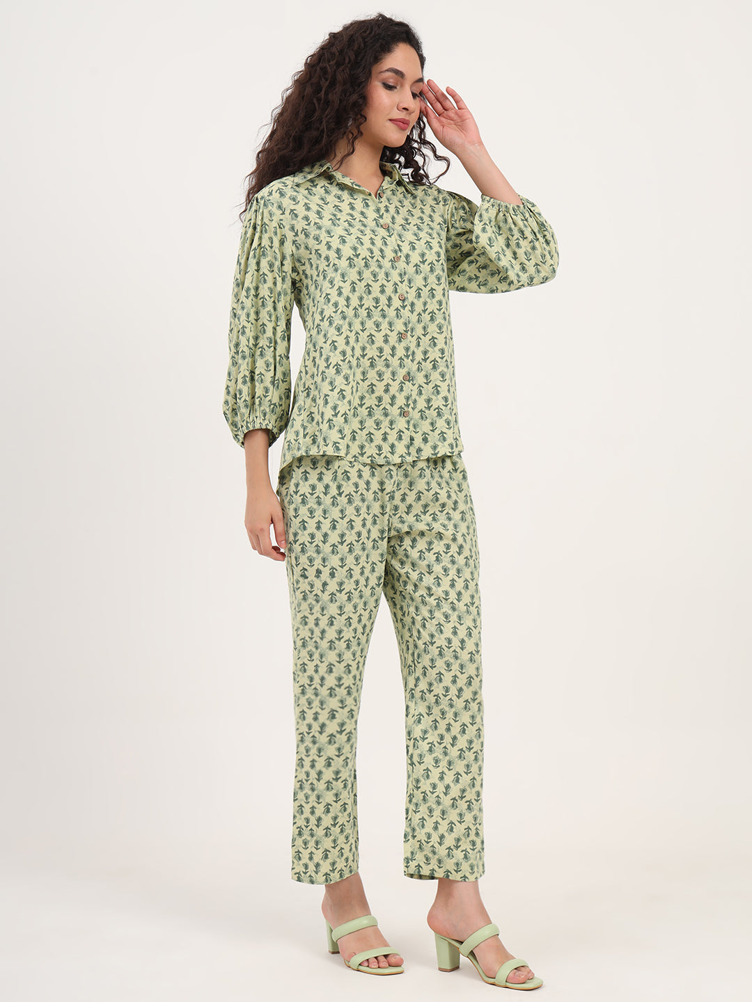 Green Floral Print Rayon Fabric  Shirts Pant With Crop Top three Piece set