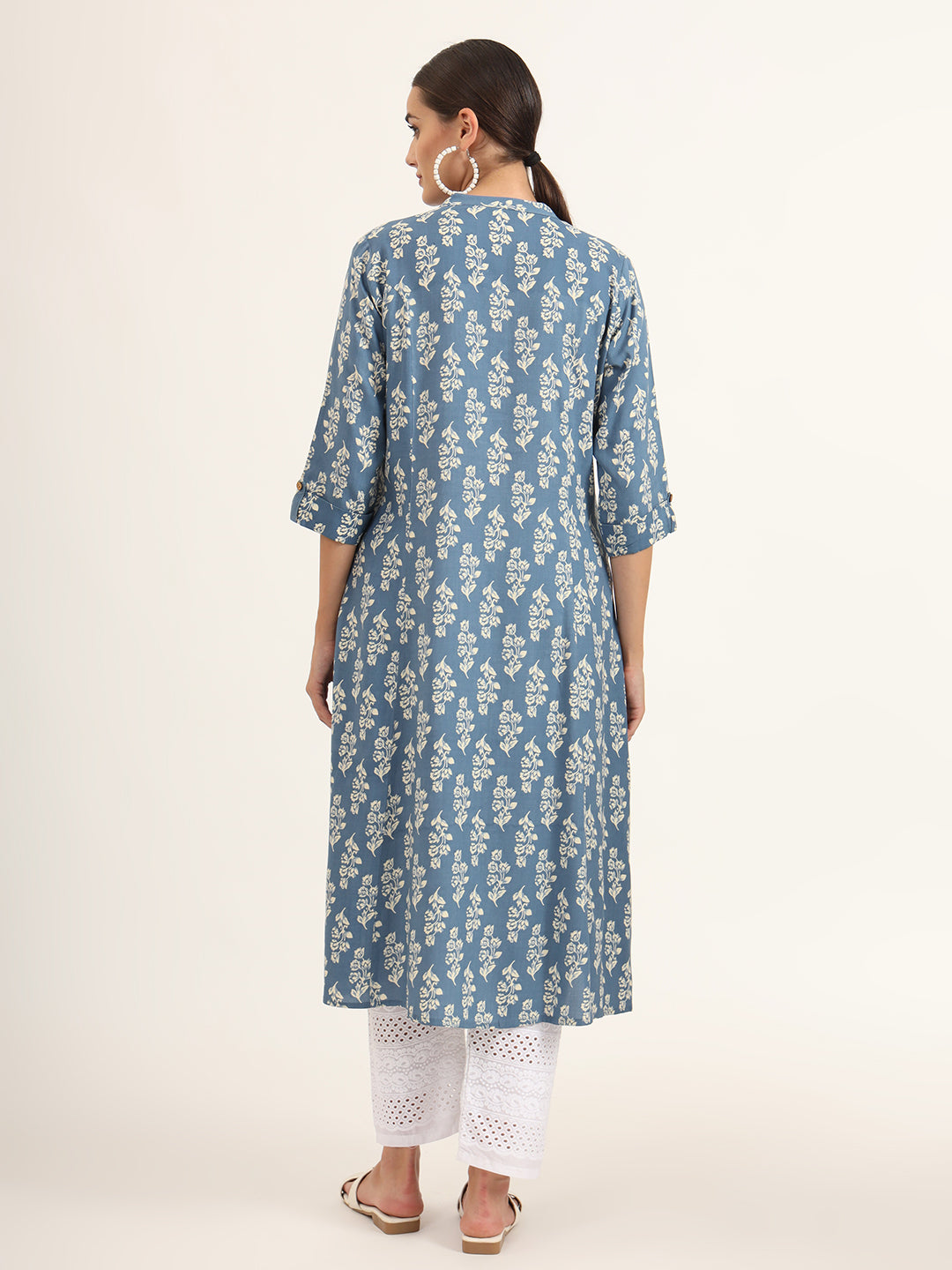 Blue Floral Print Pure Cotton Straight Kurta