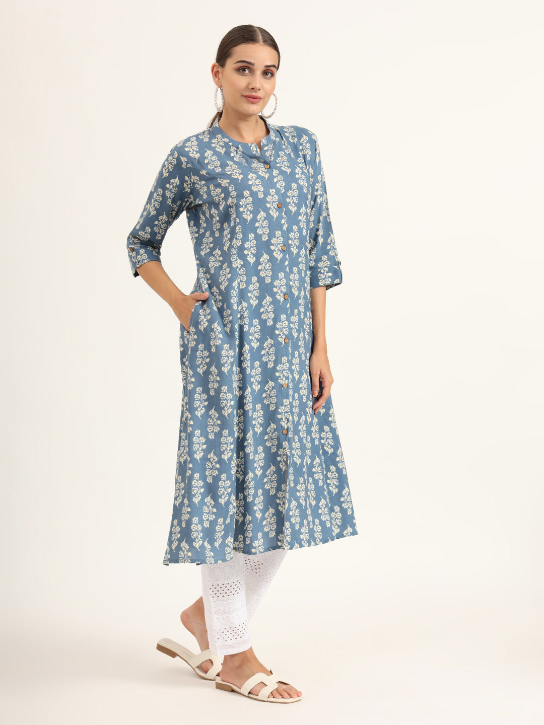 Blue Floral Print Pure Cotton Straight Kurta